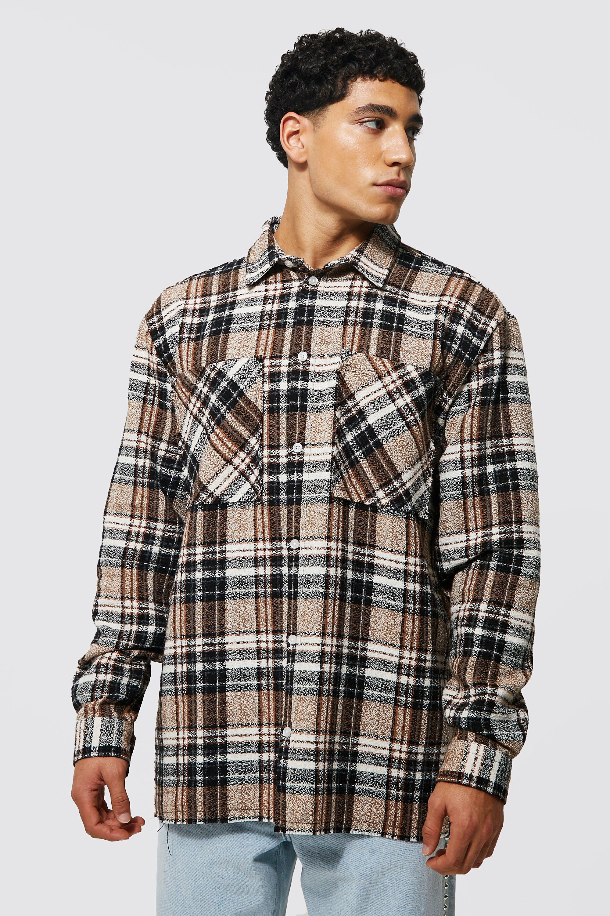 Oversized Boucle Distressed Check Shirt | boohooMAN UK