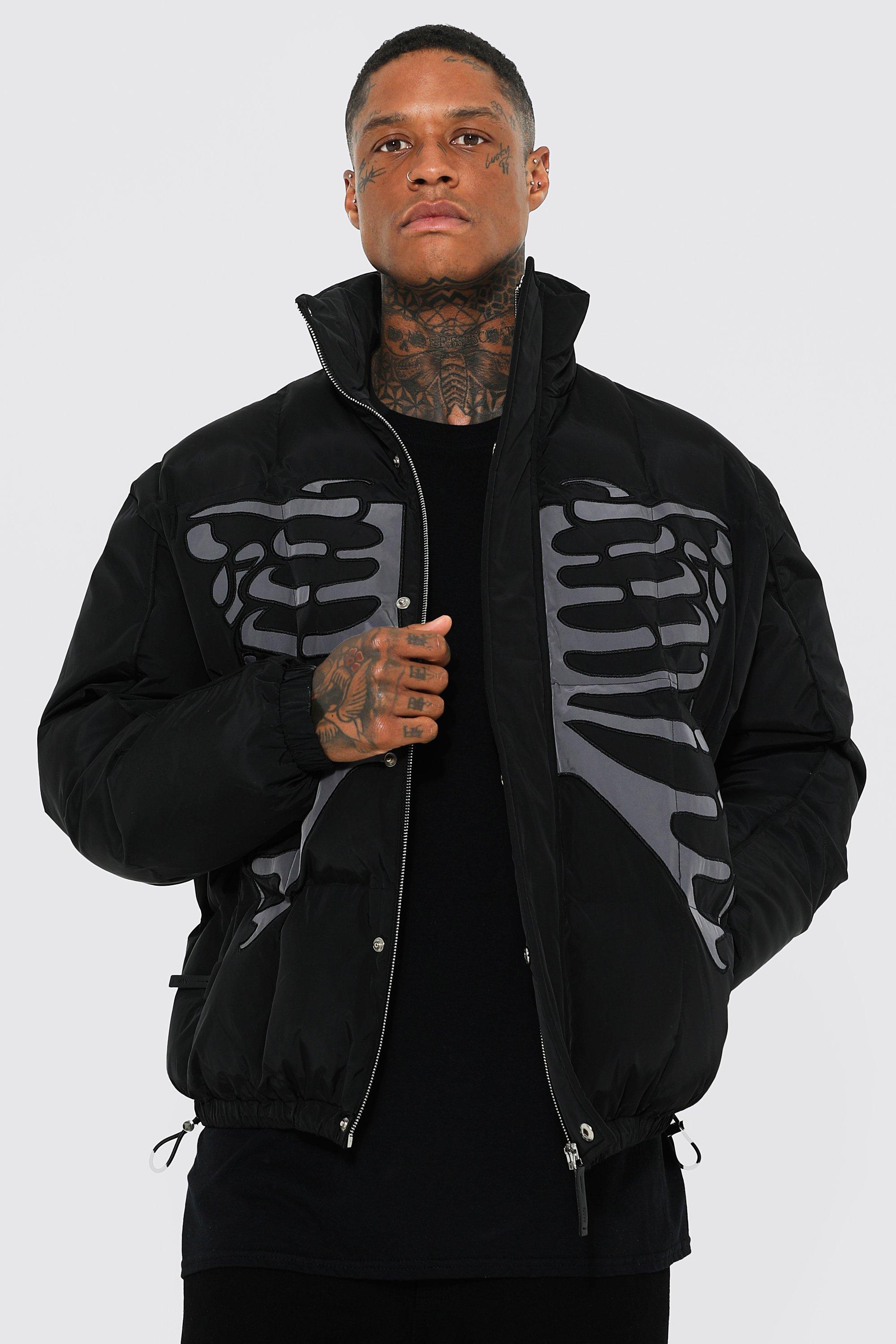 boohooMAN Men's Official Man Back Skeleton Varsity Jacket