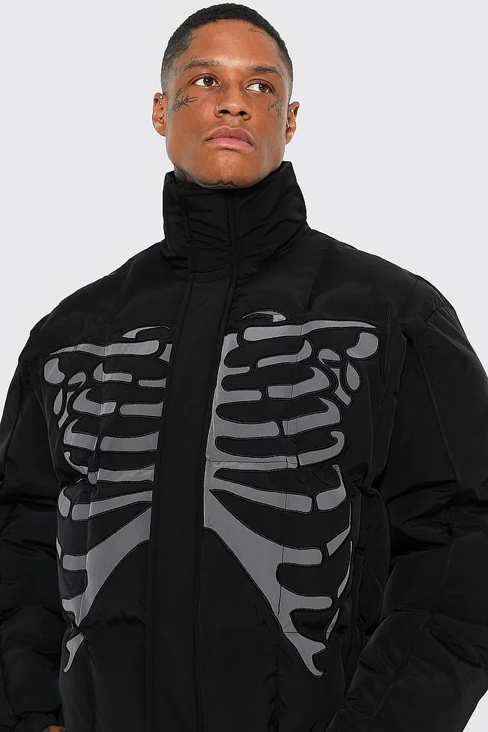 Crinkle Shell Tonal Skeleton Puffer | boohooMAN USA Crinkle Shell Tonal Skeleton Puffer | boohooMAN USA