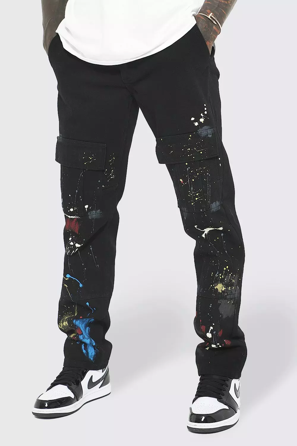 Black Elastic Waist Straight Paint Cargo Pants alternative image