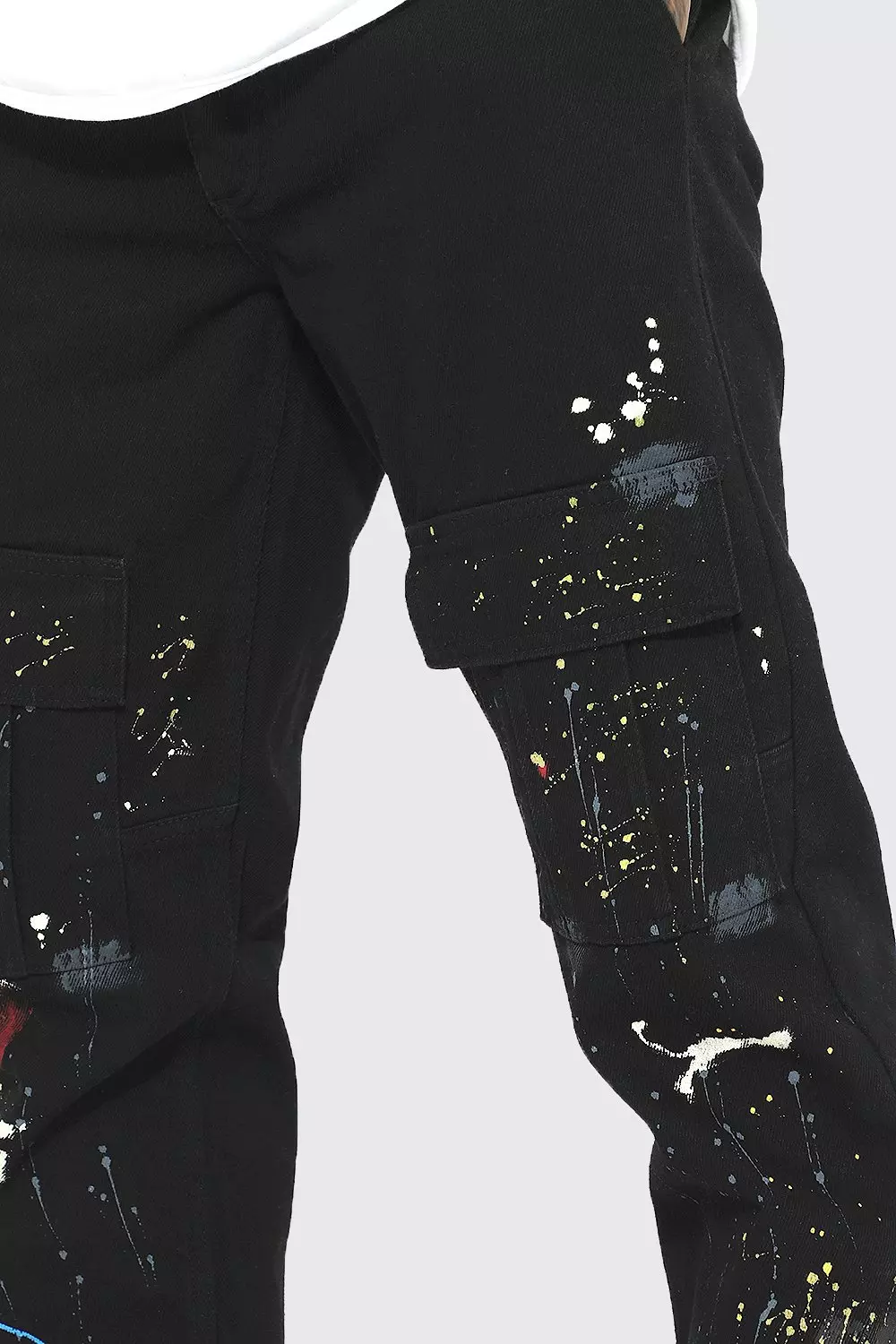 Black Elastic Waist Straight Paint Cargo Pants alternative image