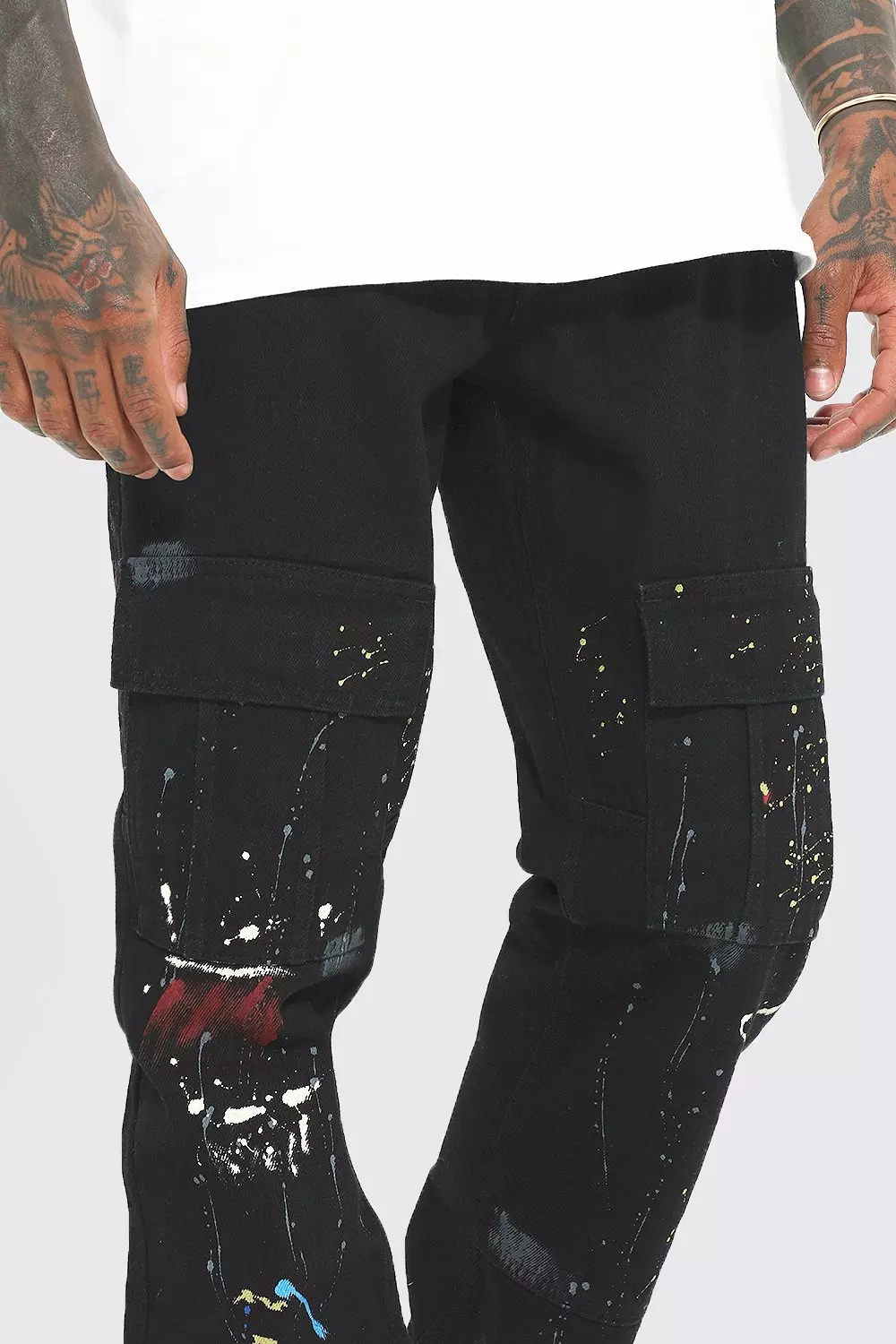 Black Elastic Waist Straight Paint Cargo Pants alternative image