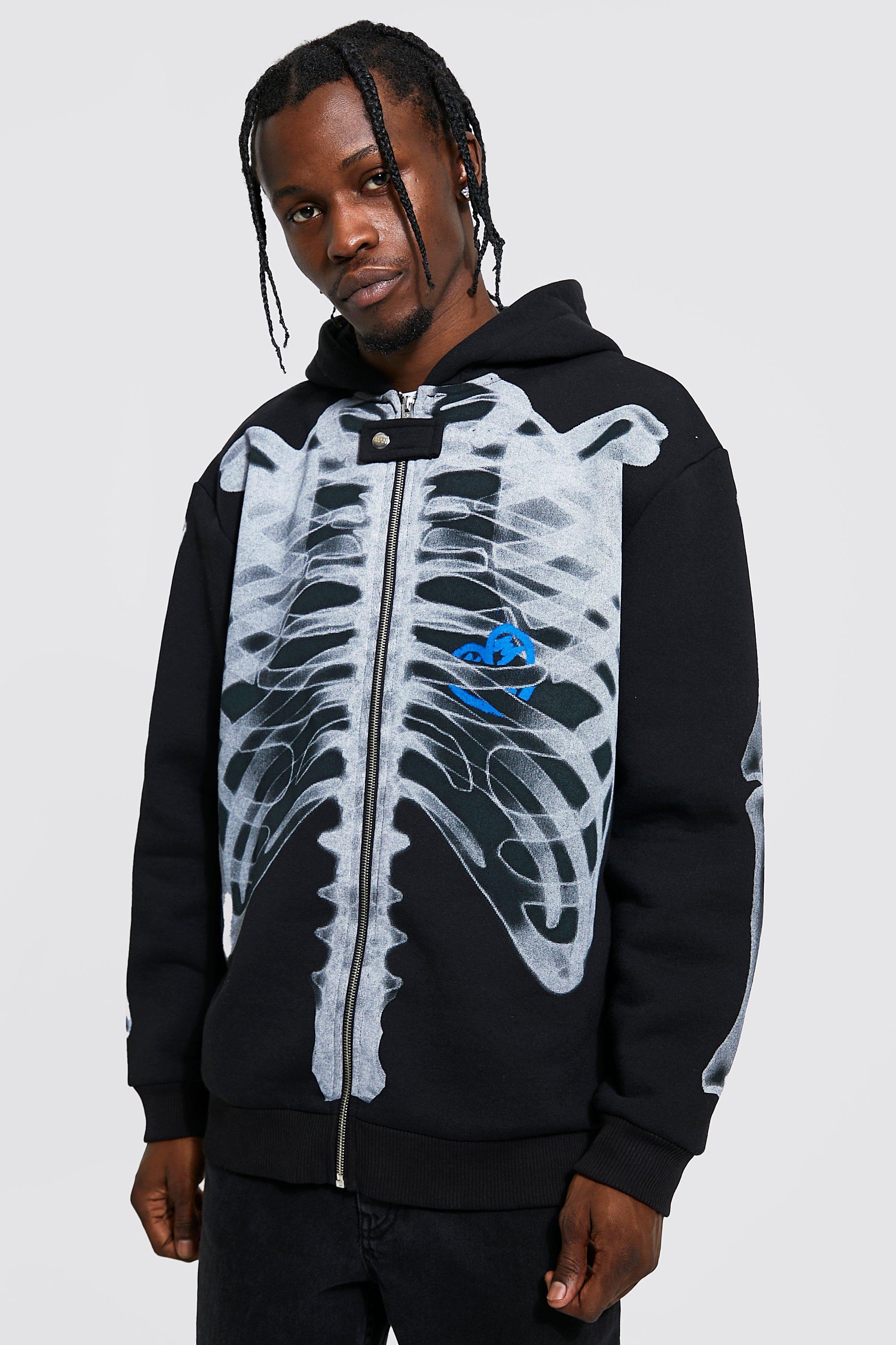 Oversized Skeleton Print Zip Through Hoodie | boohooMAN UK