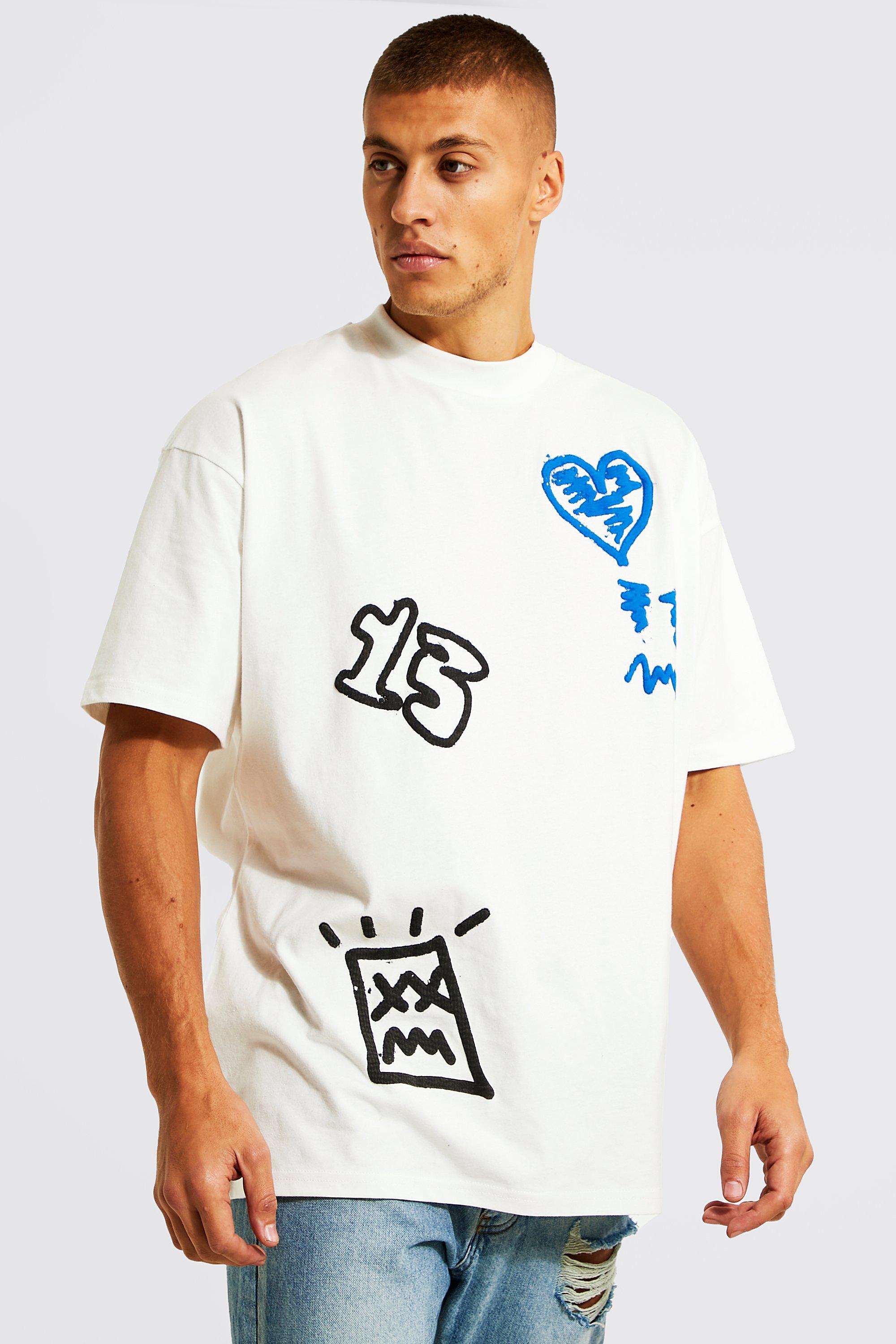 Oversized Graffiti Extended Neck T-shirt | boohooMAN USA