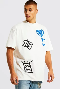 Oversized Graffiti Extended Neck T-shirt Ecru