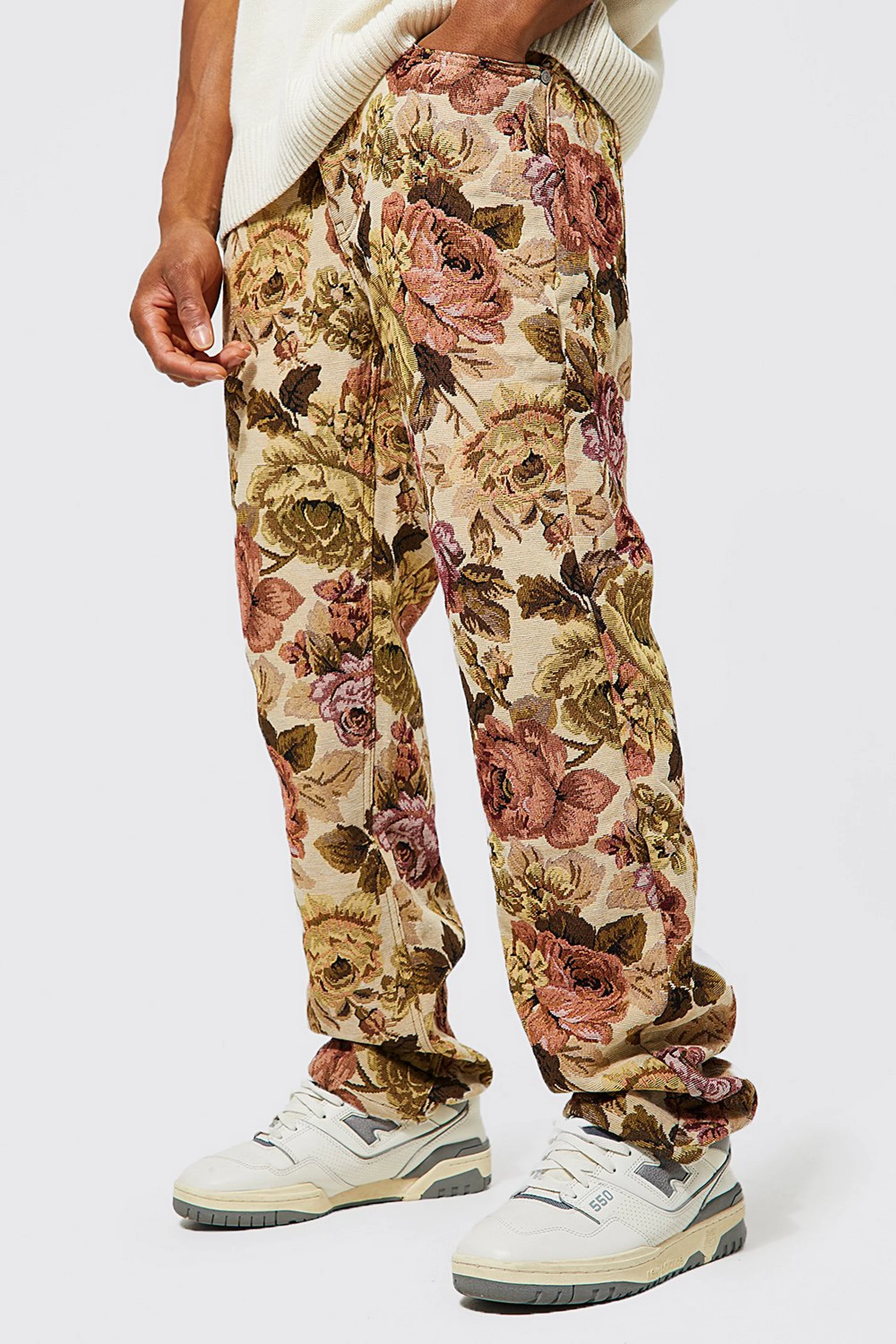 boohooman.com | Relaxed Fit Floral Tapestry Jeans