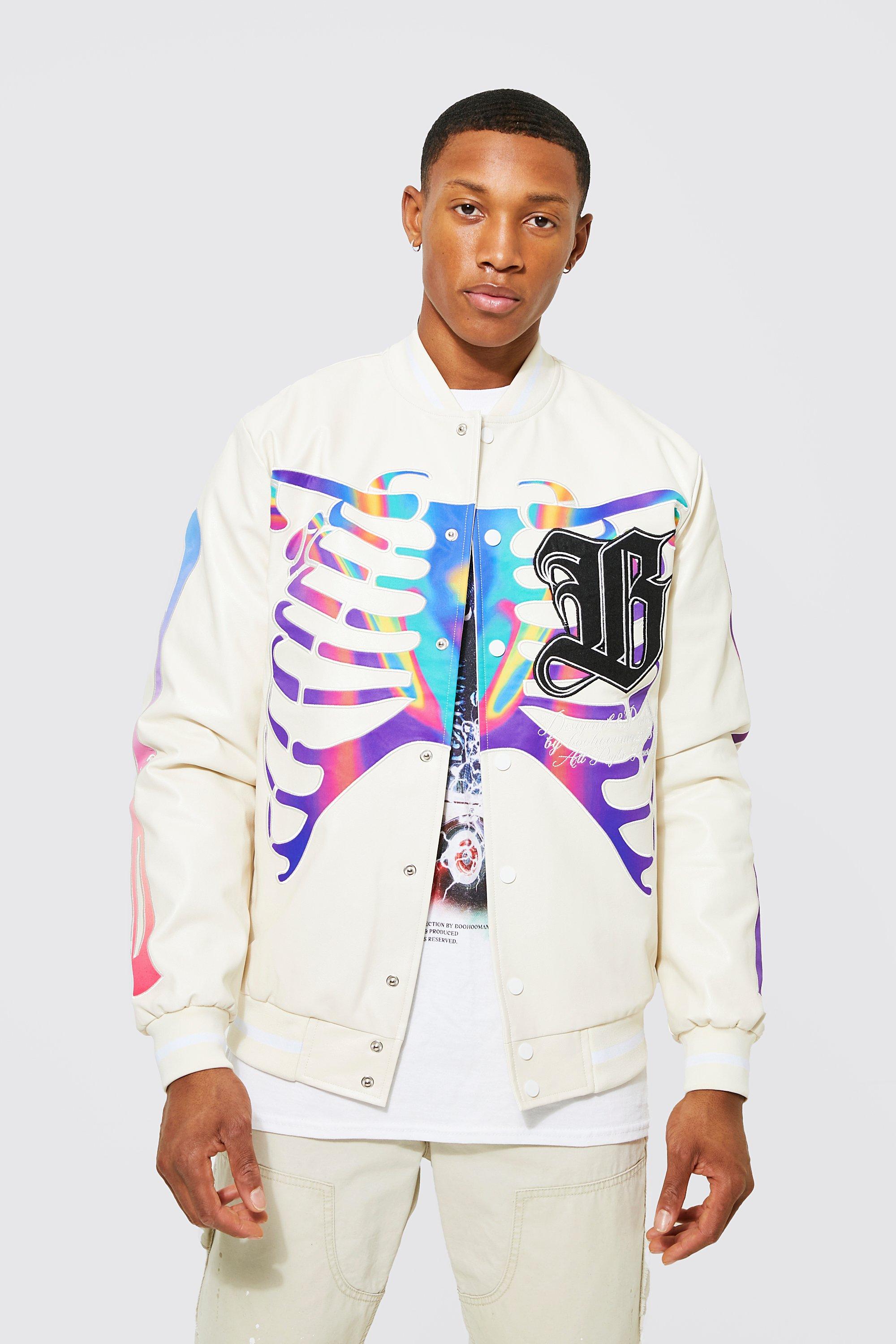 Melton Tie Dye Pu Skeleton Varsity Jacket | boohooMAN USA