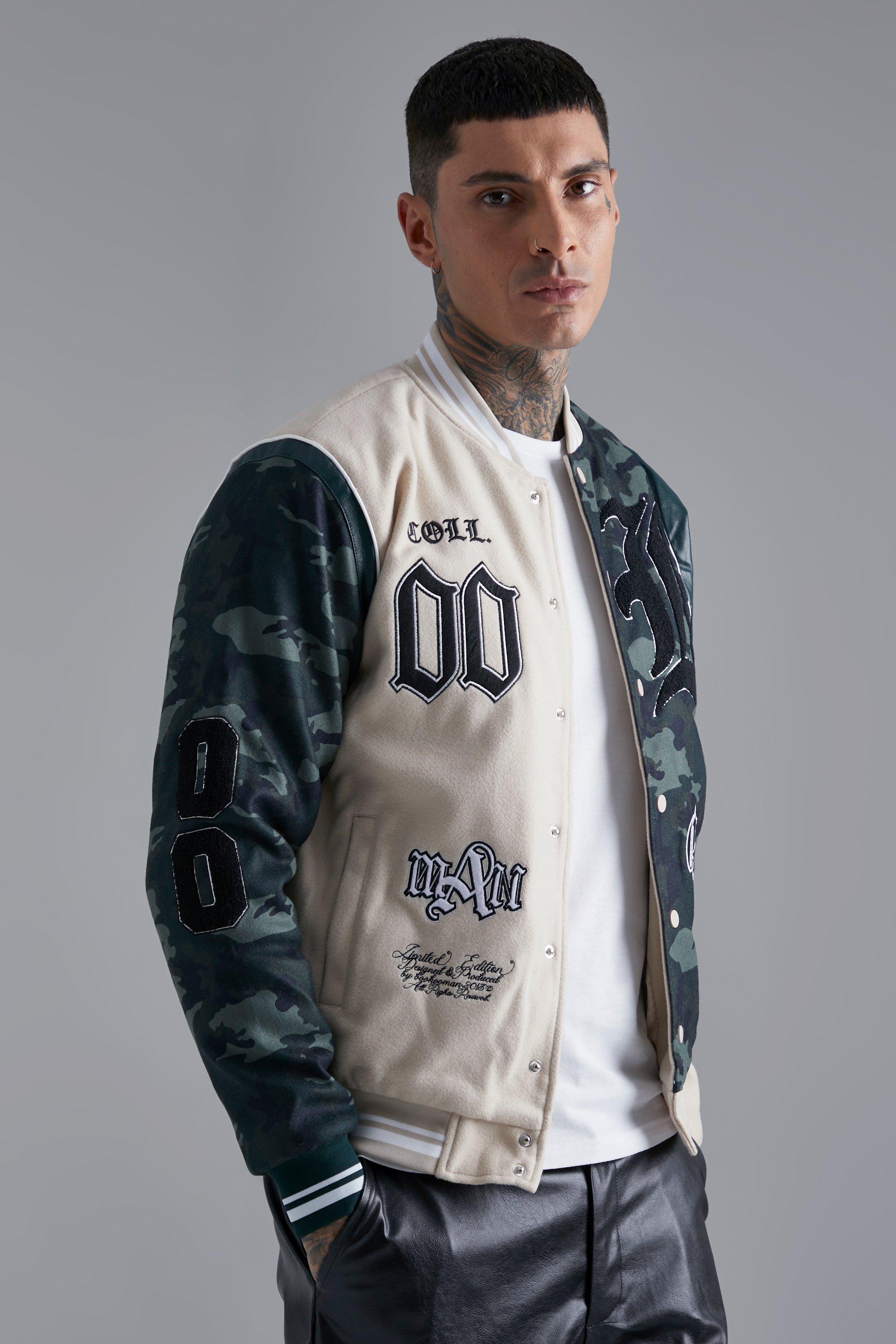 OFF-WHITE Leather Varsity Jacket in Grey & Multi