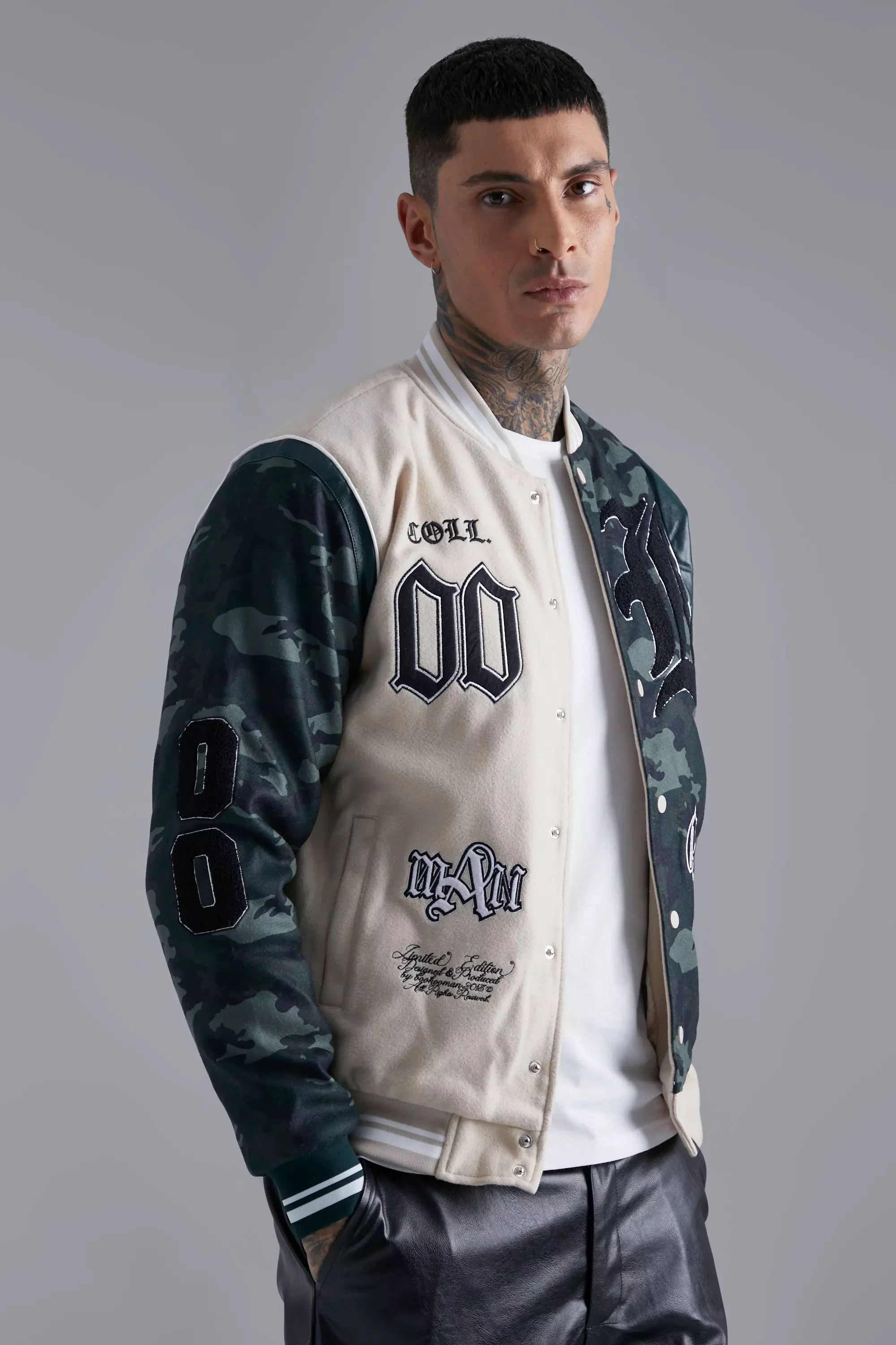 Ofcl Multi Spliced Varsity Jacket boohooMAN IE