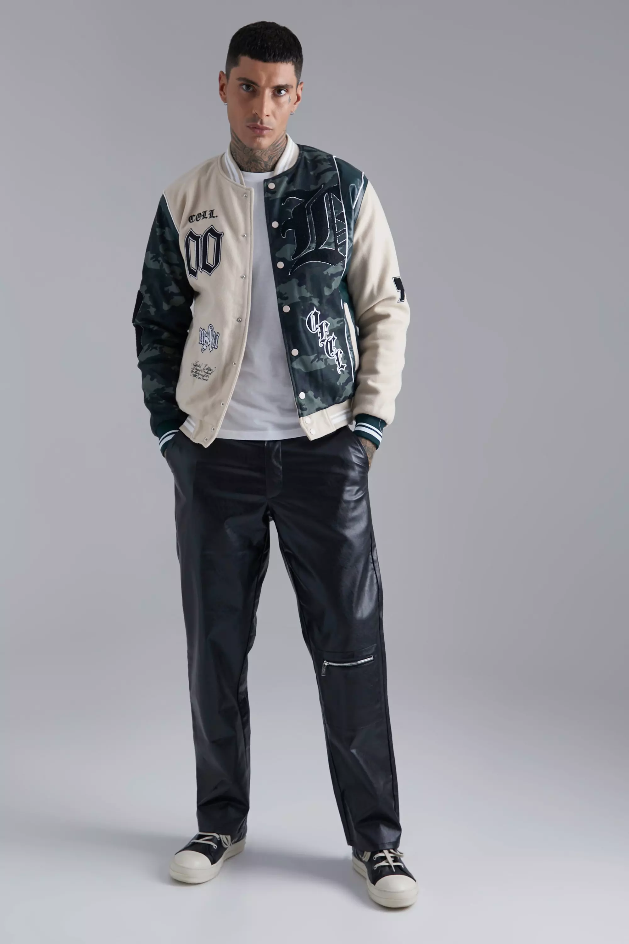 Ofcl Multi Spliced Varsity Jacket | boohooMAN USA