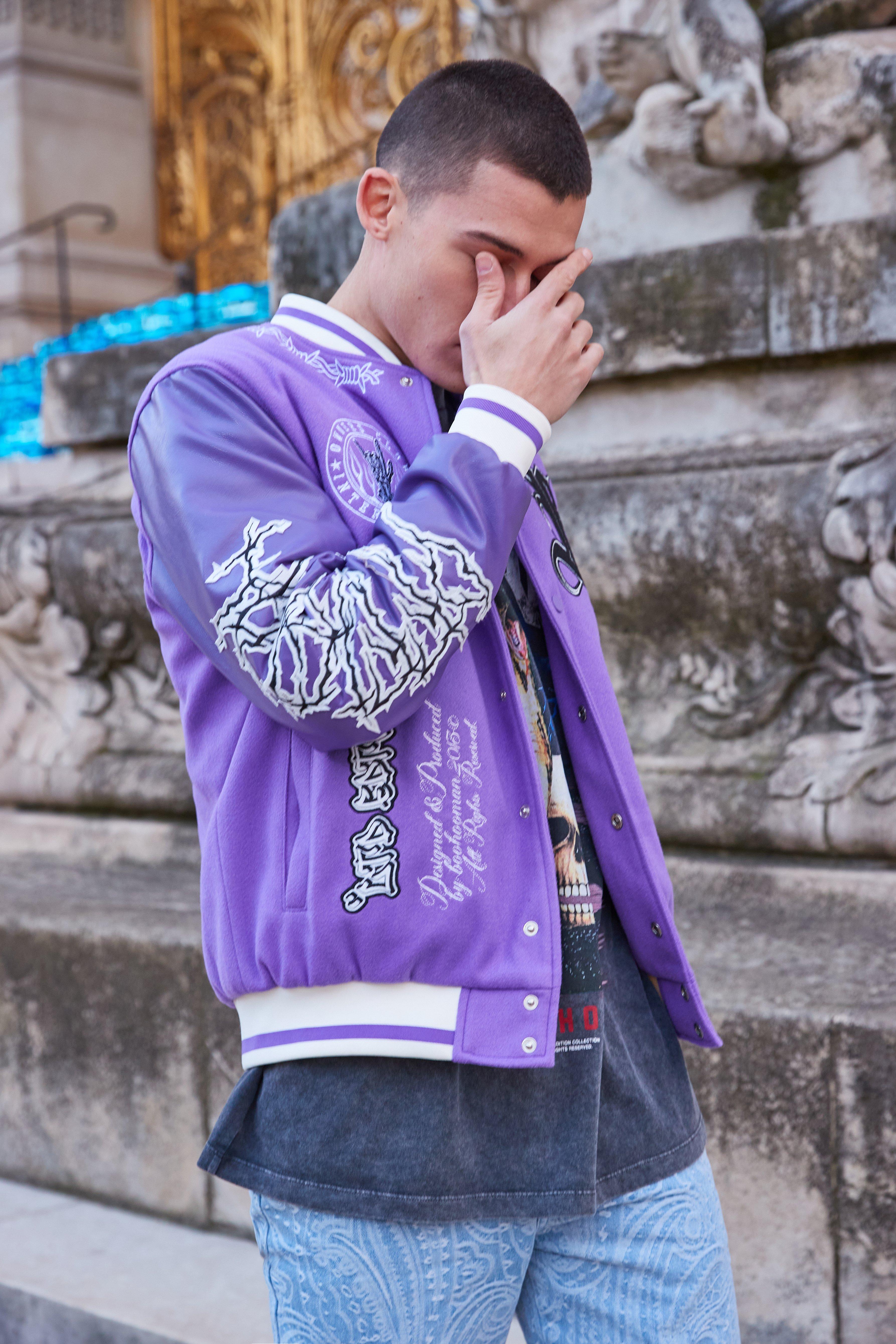 Purple Crop Contrast Sleeve Varsity Jacket