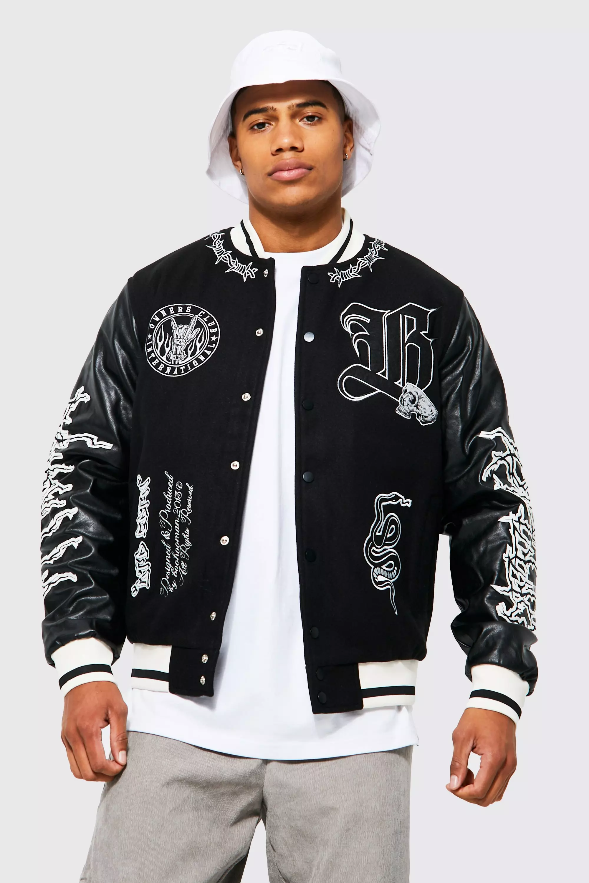 Black letterman jacket with white detailing best sale