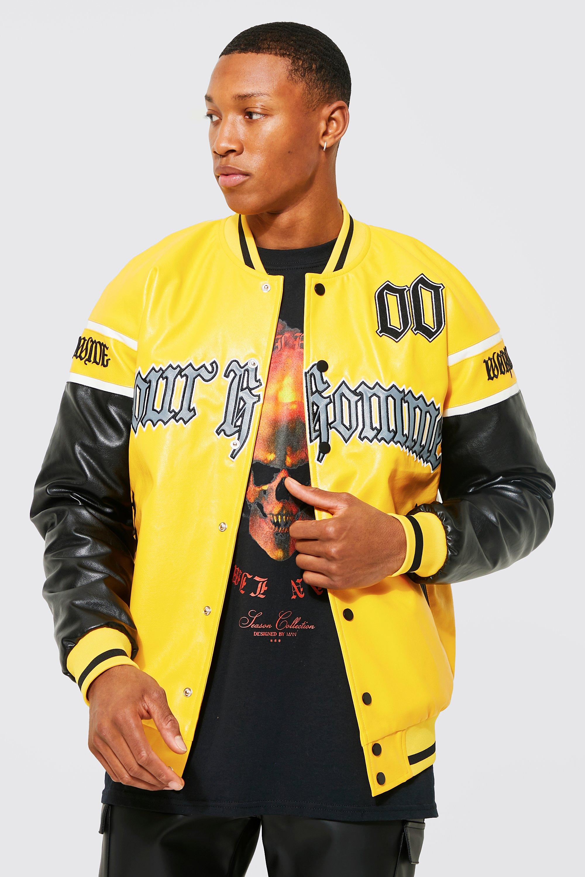 Biker Faux Leather Varsity Jacket - Yellow/combo