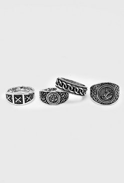Metallic Mens Jewellery Rings BoohooMAN 4 Pack Textured Rings in Silver for Men 