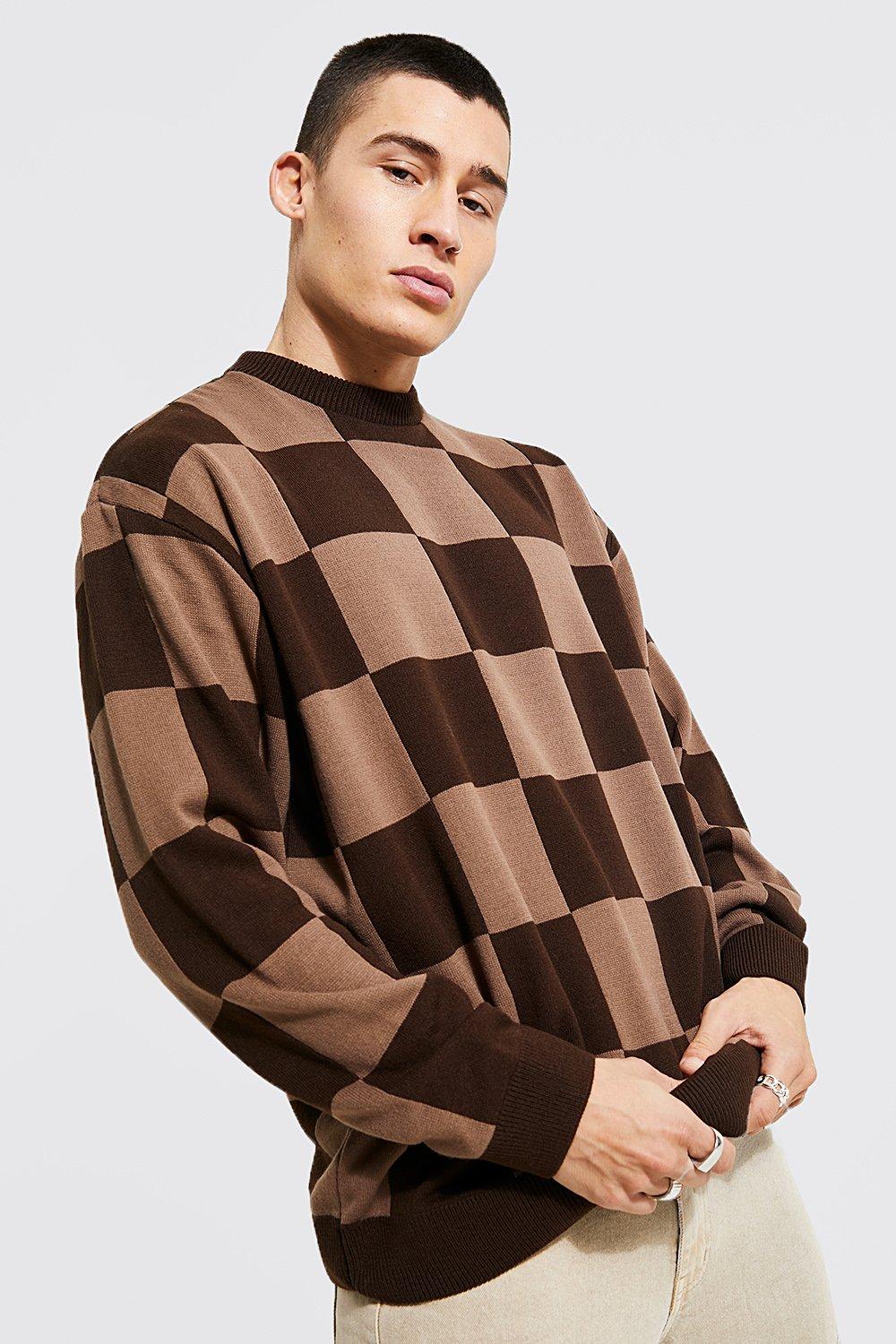 Oversized Checkerboard Knitted Sweater | boohooMAN USA