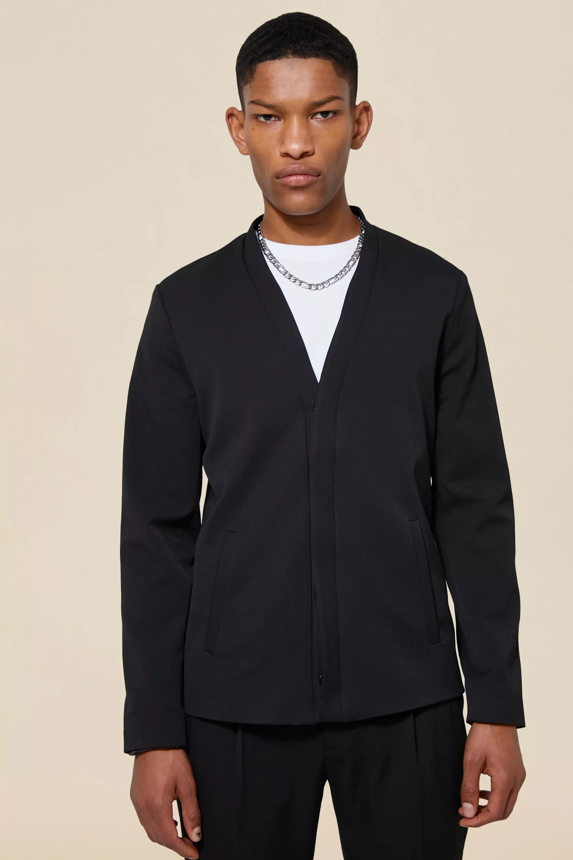 Black Collarless Smart Harrington