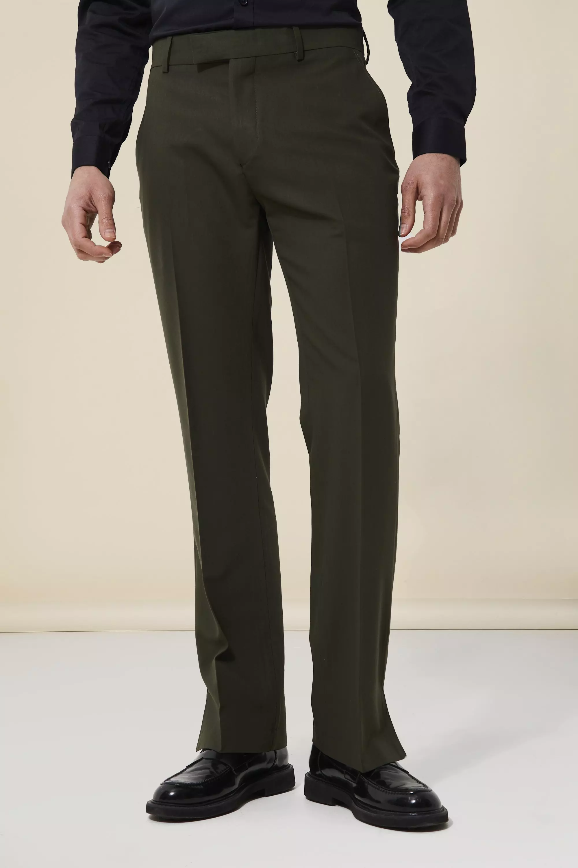 Straight Leg Side Split Tailored Pants Khaki