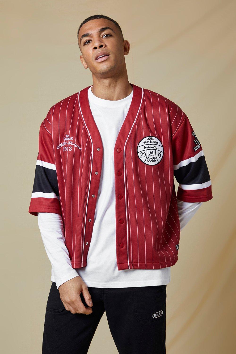 boohoo Mens Oversized Pinstripe Baseball Shirt & Short Set - Red S