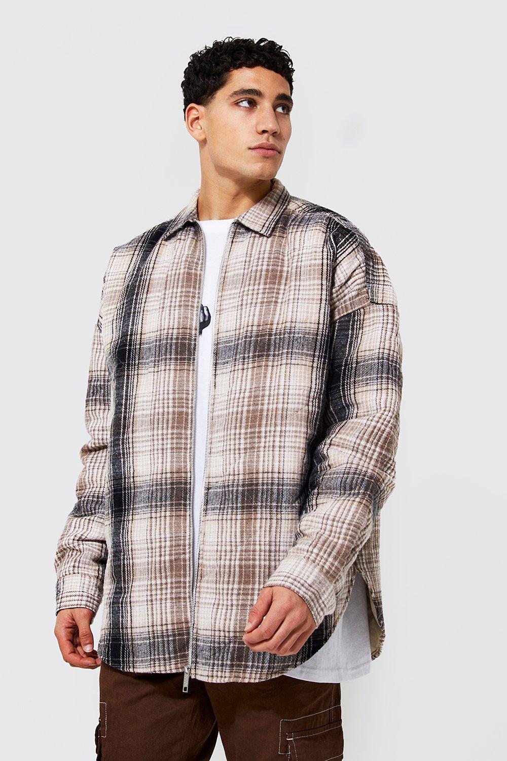 Oversized Quilted Flannel Curved Hem Shirt Jacket | boohooMAN USA