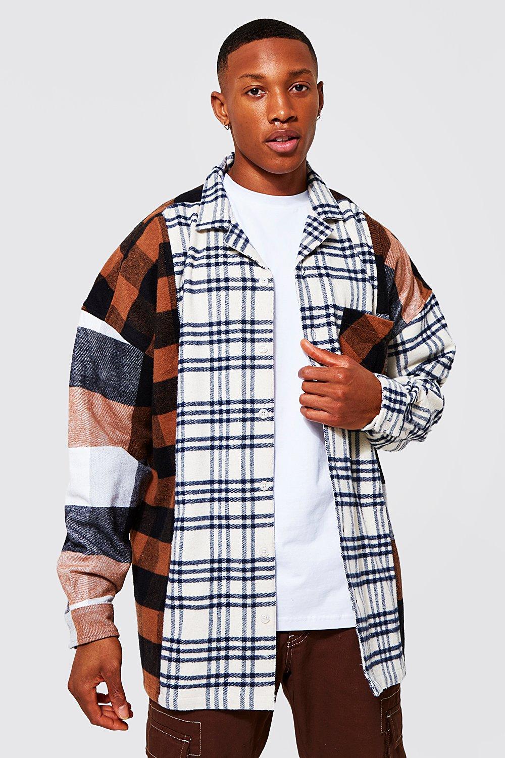 Oversized Spliced Flannel Shirt Jacket | boohooMAN USA
