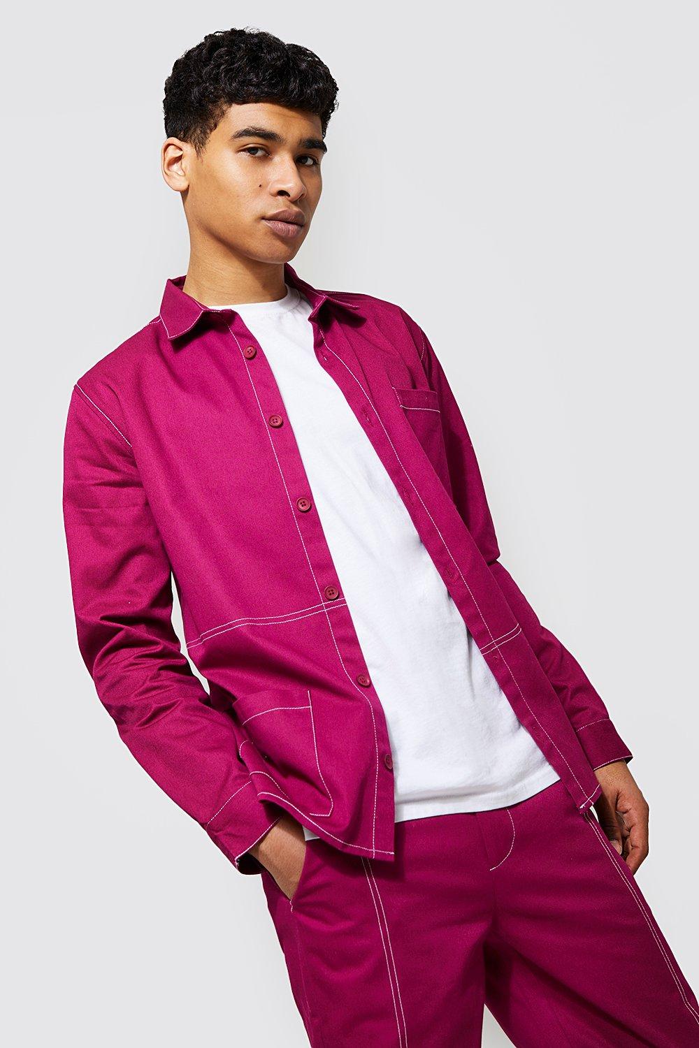 Purple Contrast Stitch Twill Shirt Jacket
