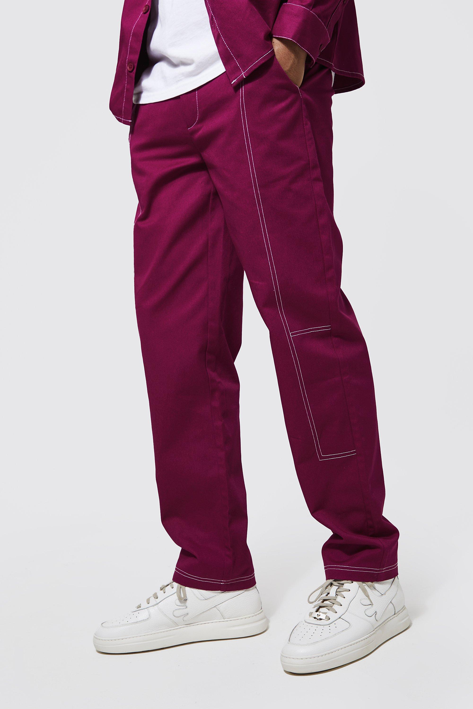 Purple Contrast Stitch Twill Straight Leg Pants