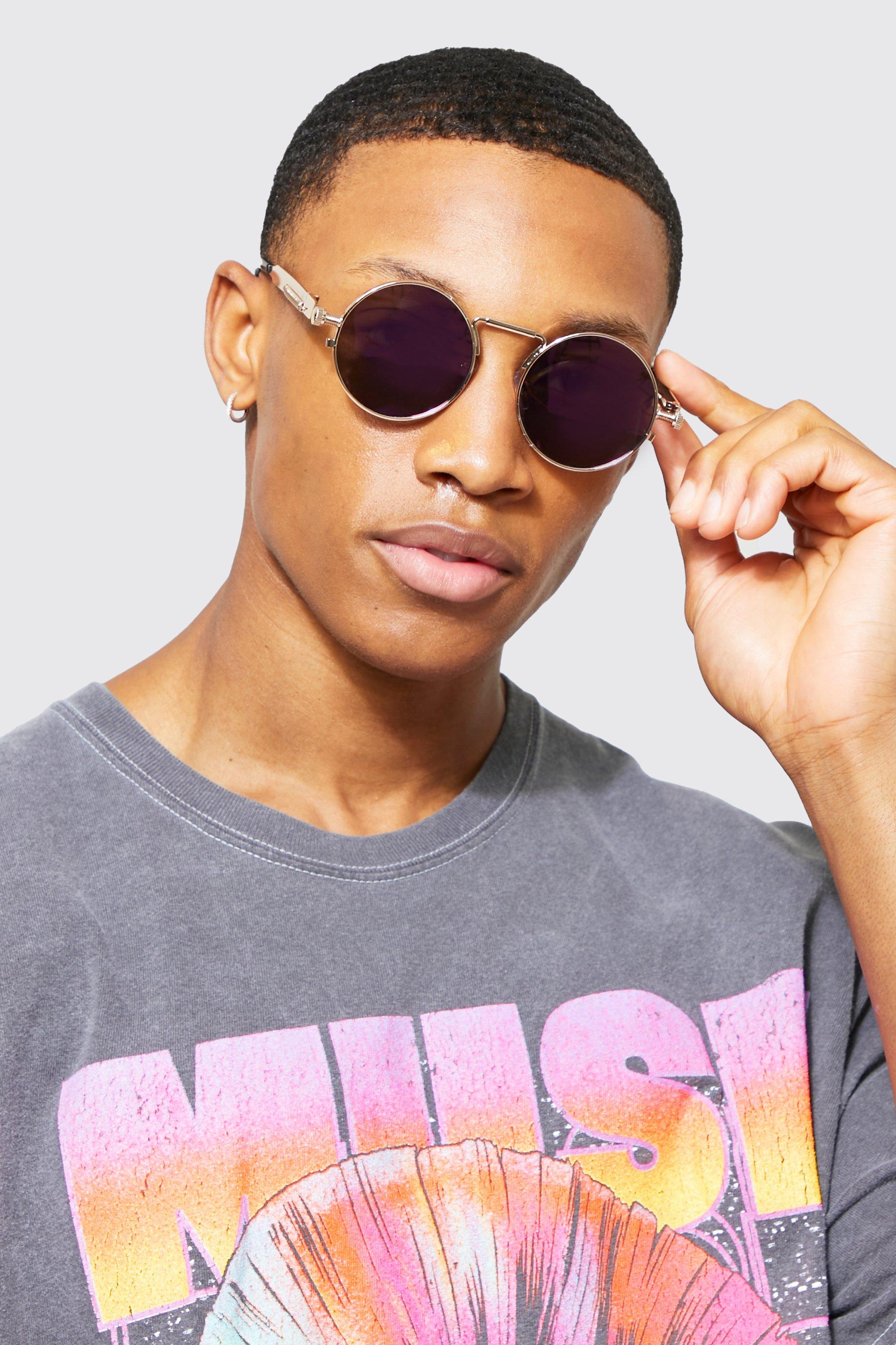 boohooMAN Men's Round Metal Sunglasses