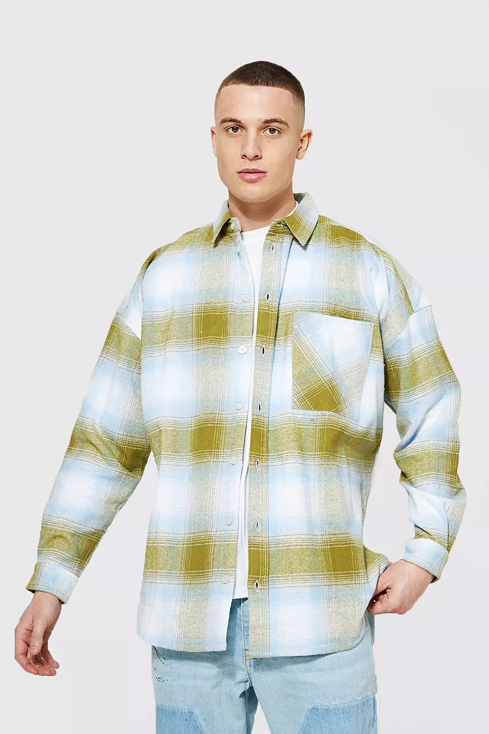 Yellow Oversized Brushed Check Curved Hem Overshirt alternative image