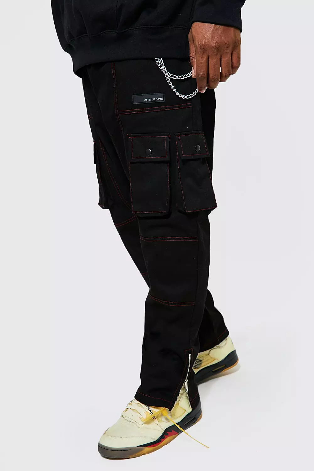 Plus Contrast Stitch Cargo Trouser With Chain boohooMAN UK