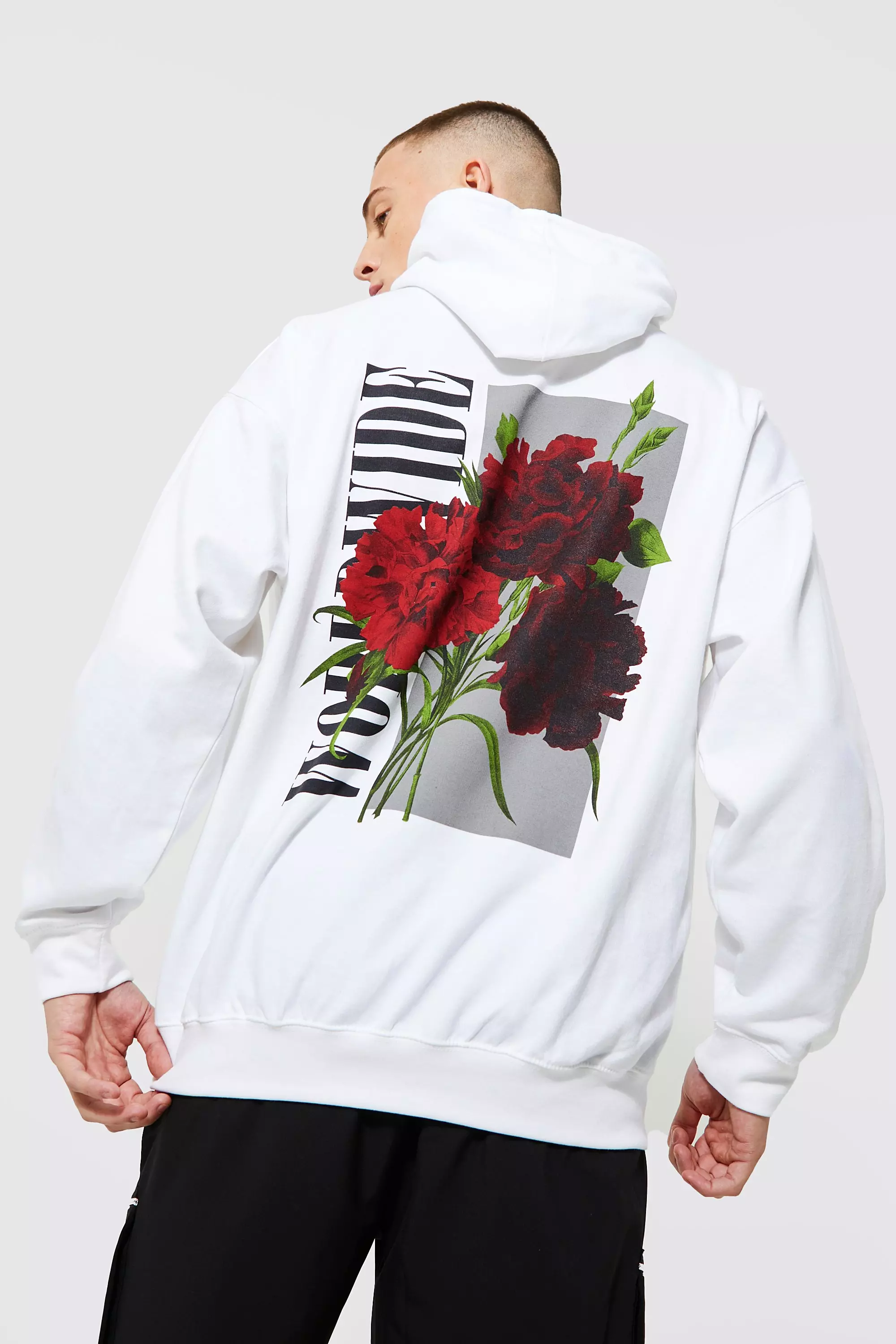 Oversized Worldwide Floral Back Print Hoodie White