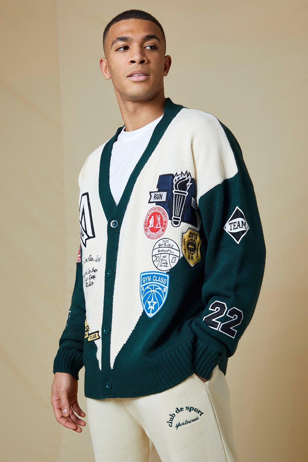 Oversized Colour Block Varsity Badge Cardigan | boohooMAN USA