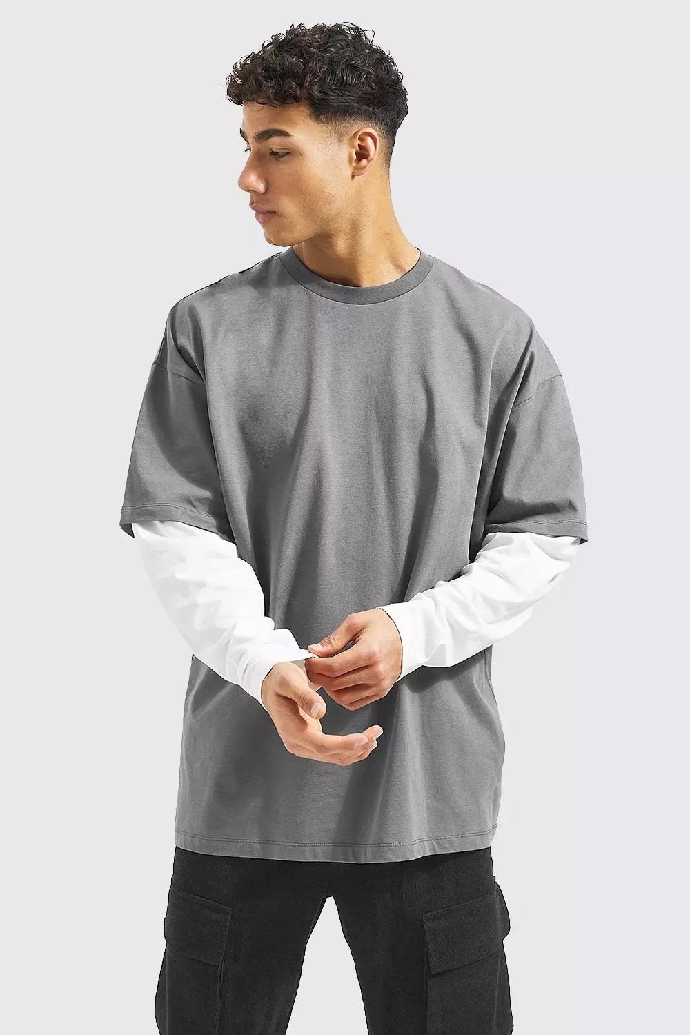 Oversized Faux Layer Long Sleeve T shirt boohooMAN