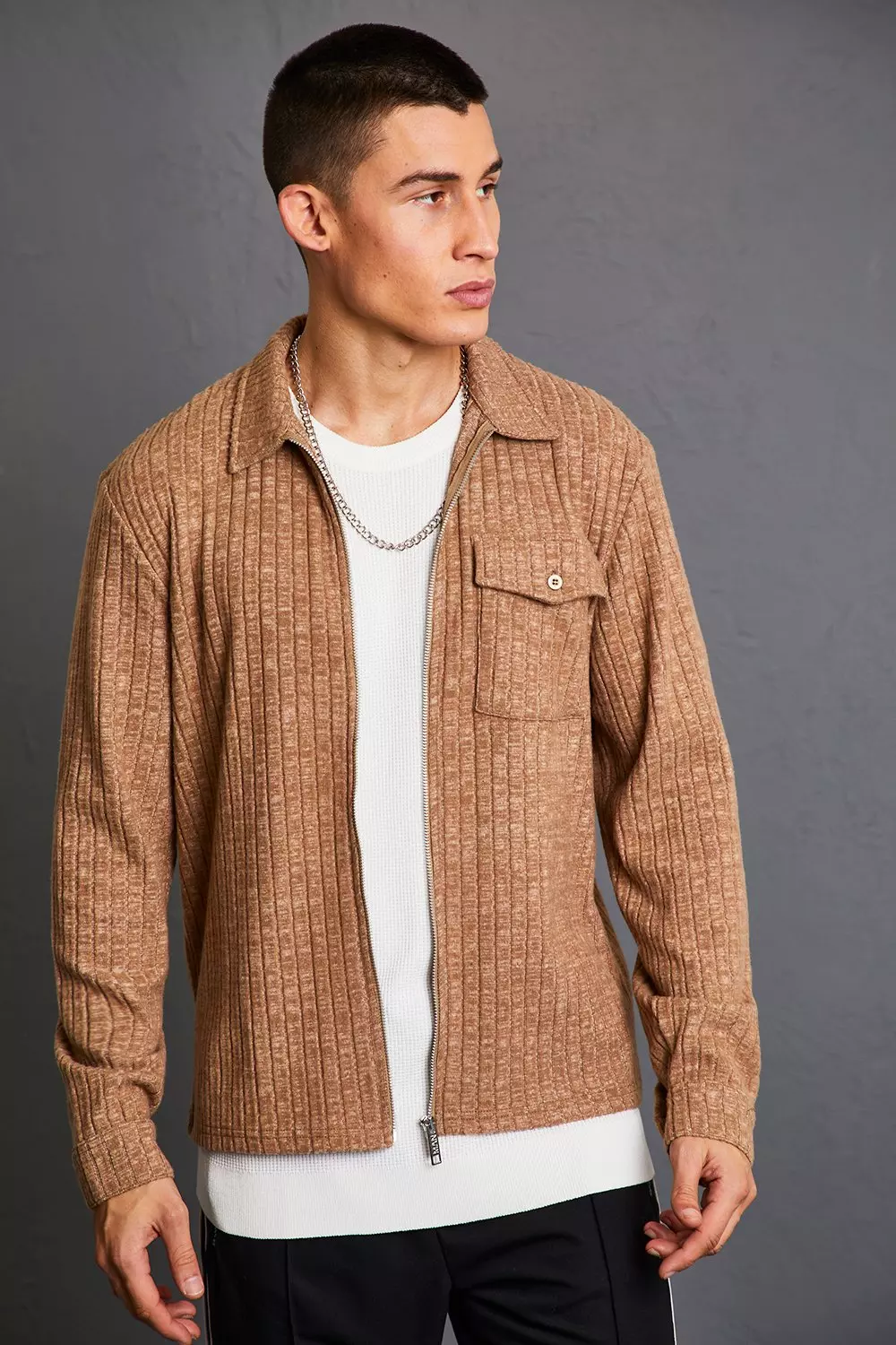 boohooman.com | Ribbed Knitted Harrington Jacket With Pocket