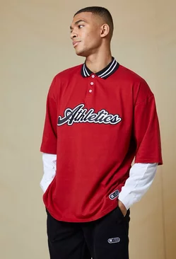 Red Oversized Athletics Applique Faux Sleeve Polo