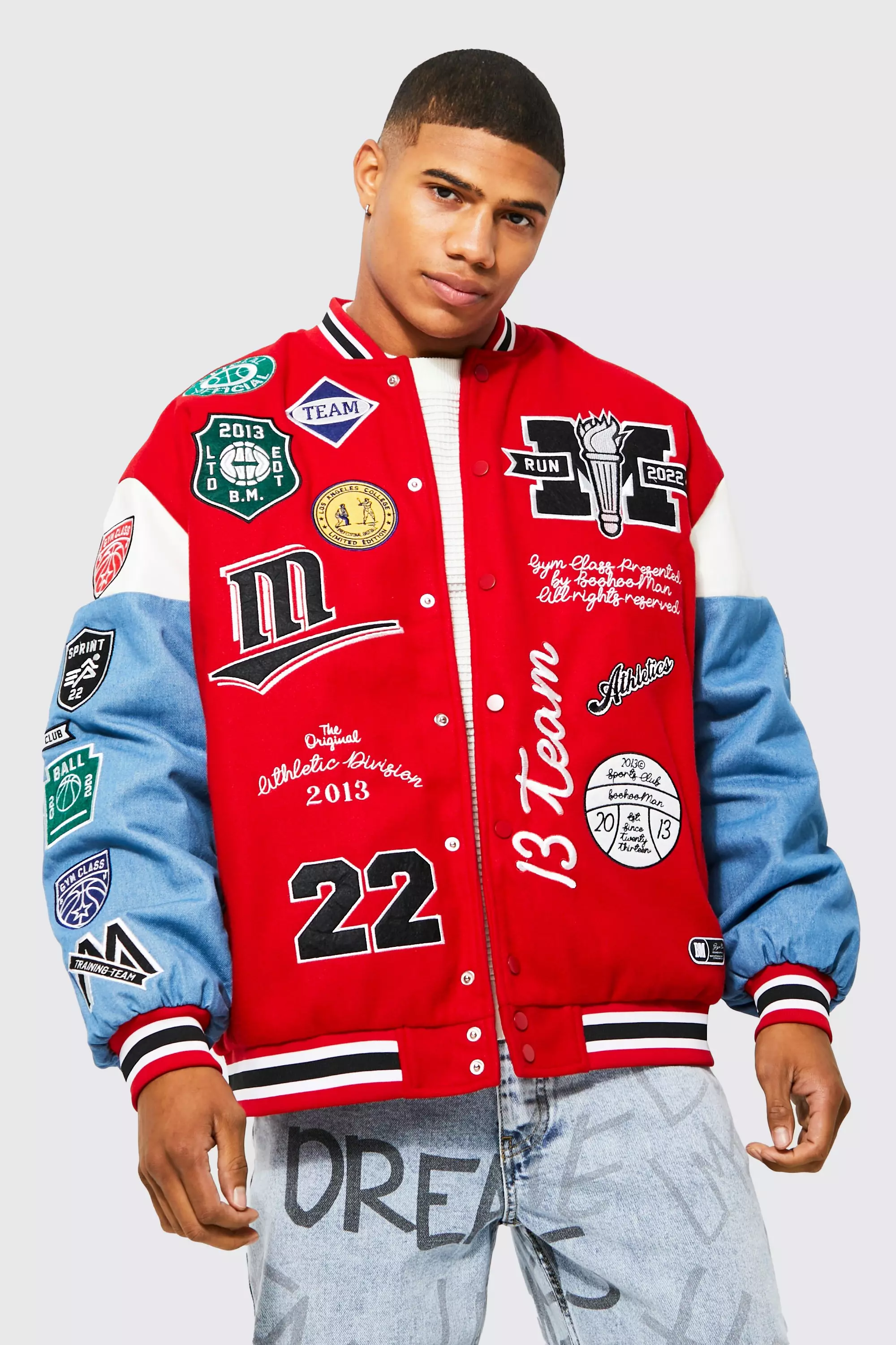 Oversized Sports Club Badge Varsity Jacket boohooMAN IE