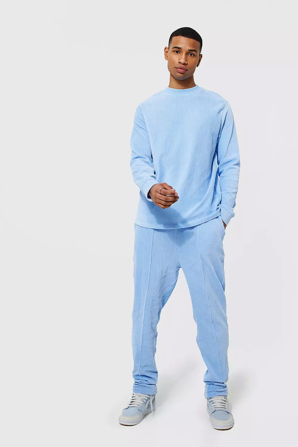 Pale blue Extended Neck Ribbed Velour Sweater Tracksuit alternative image