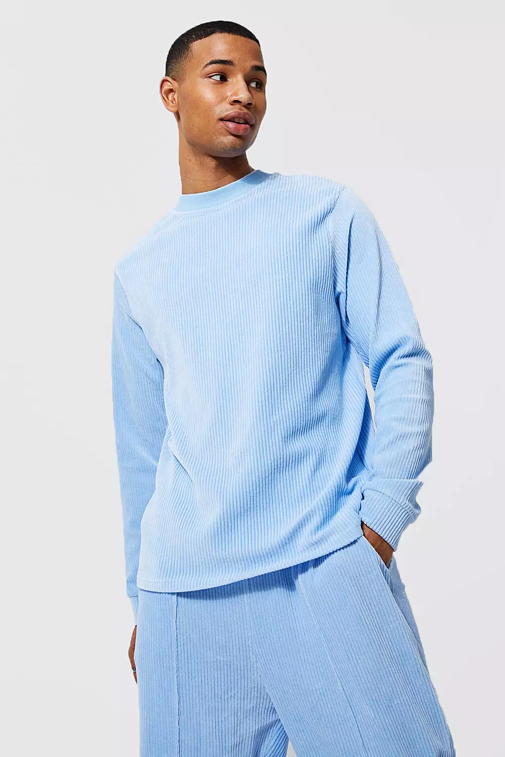 Pale blue Extended Neck Ribbed Velour Sweater Tracksuit alternative image