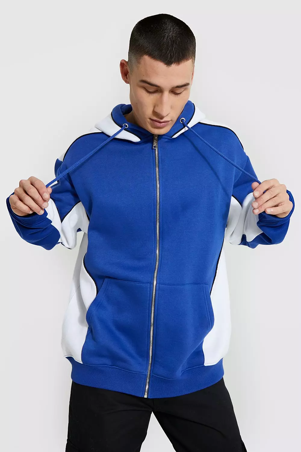 Oversized Colour Block Zip Hoodie With Piping boohooMAN IE