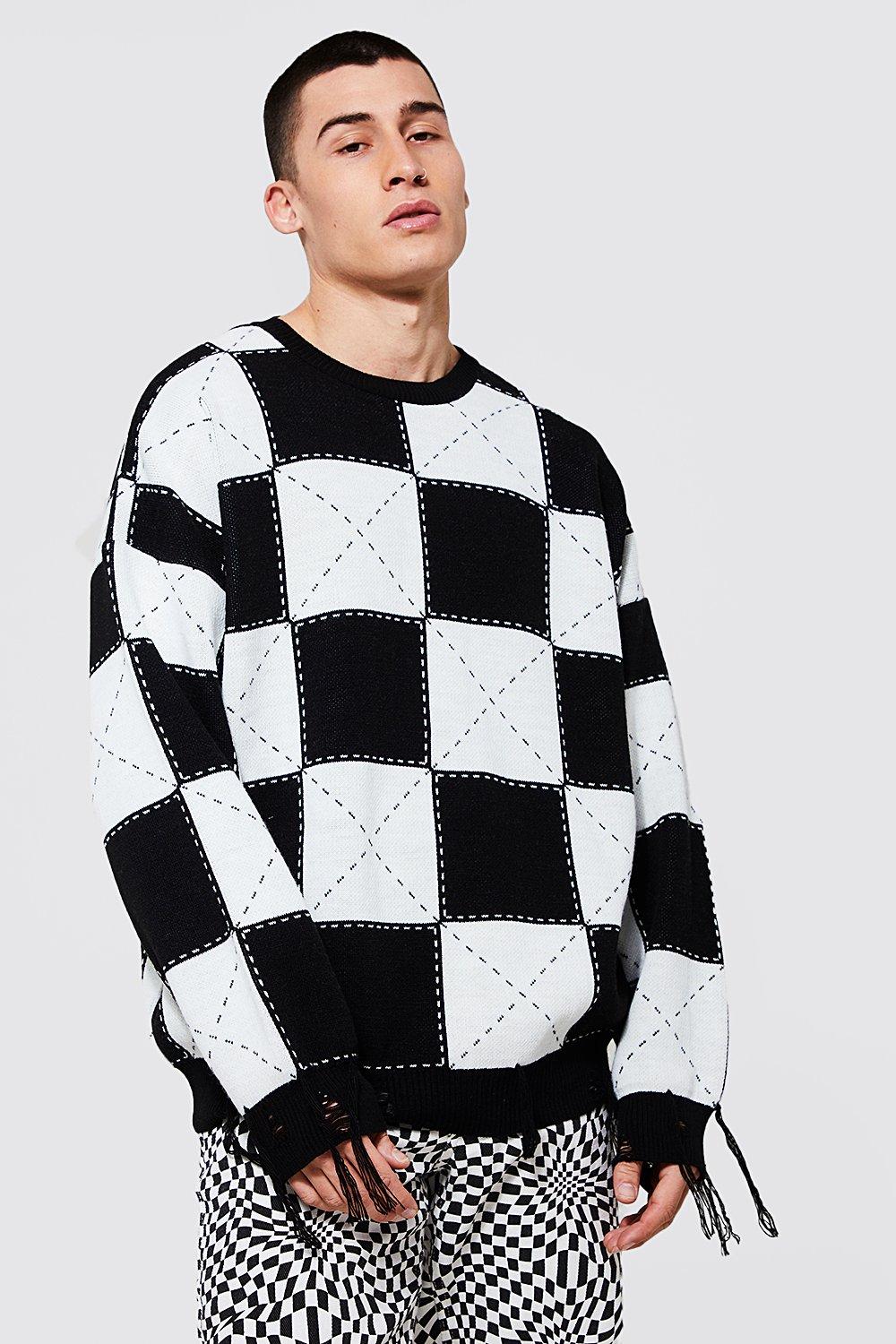 Oversized Distressed Checkerboard Sweater | boohooMAN USA