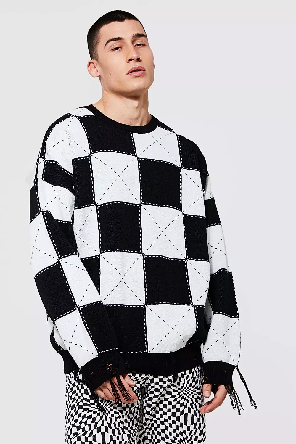 Oversized Distressed Checkerboard Jumper boohooMAN