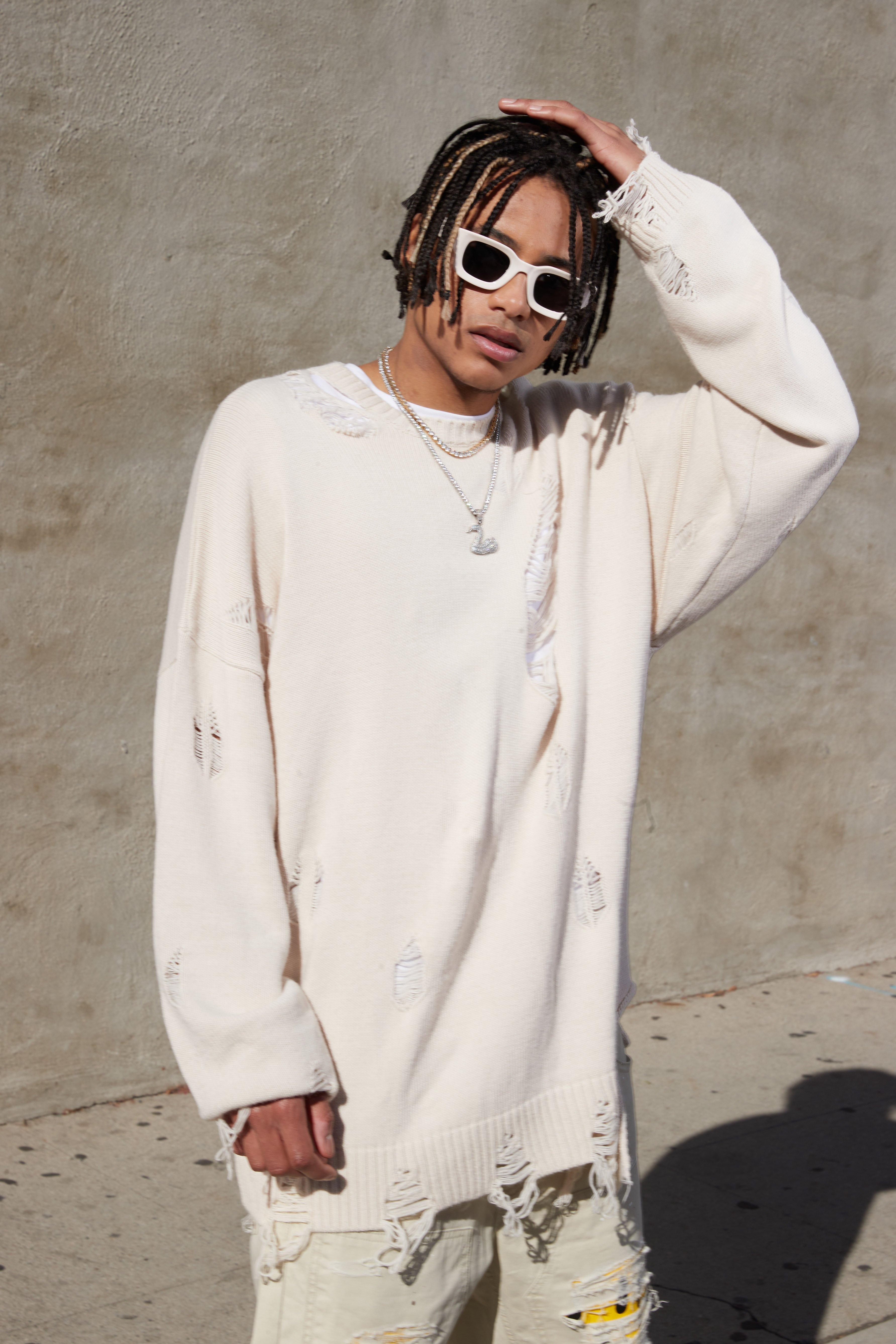 Oversized Distressed Knitted Sweater | boohooMAN USA