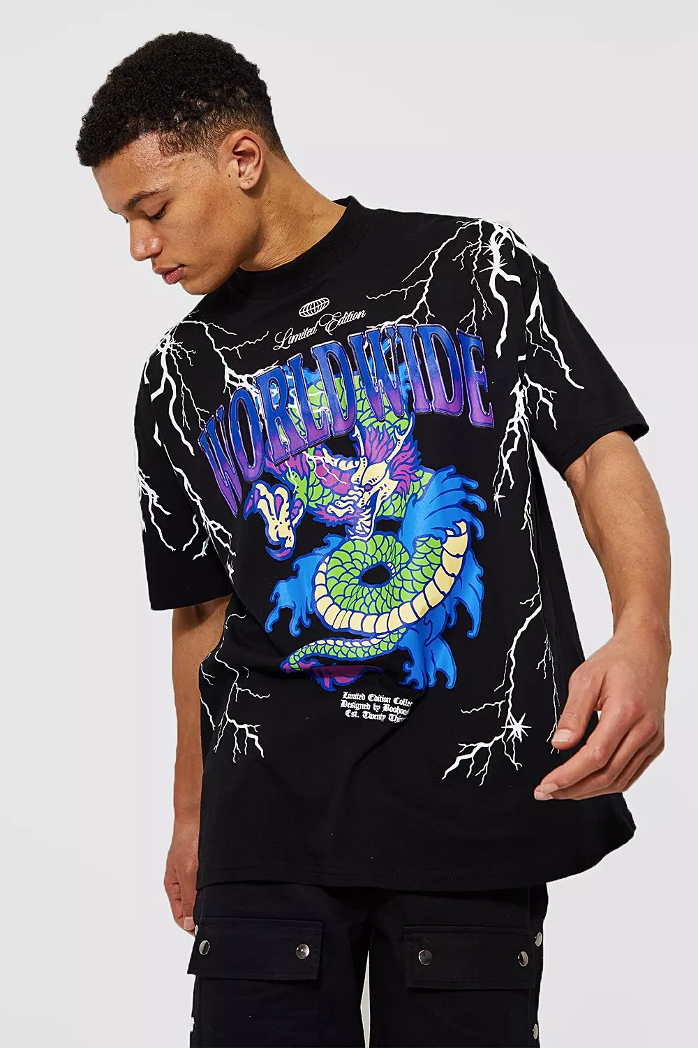 Tall Oversized Dragon Lightning Print T-shirt Black