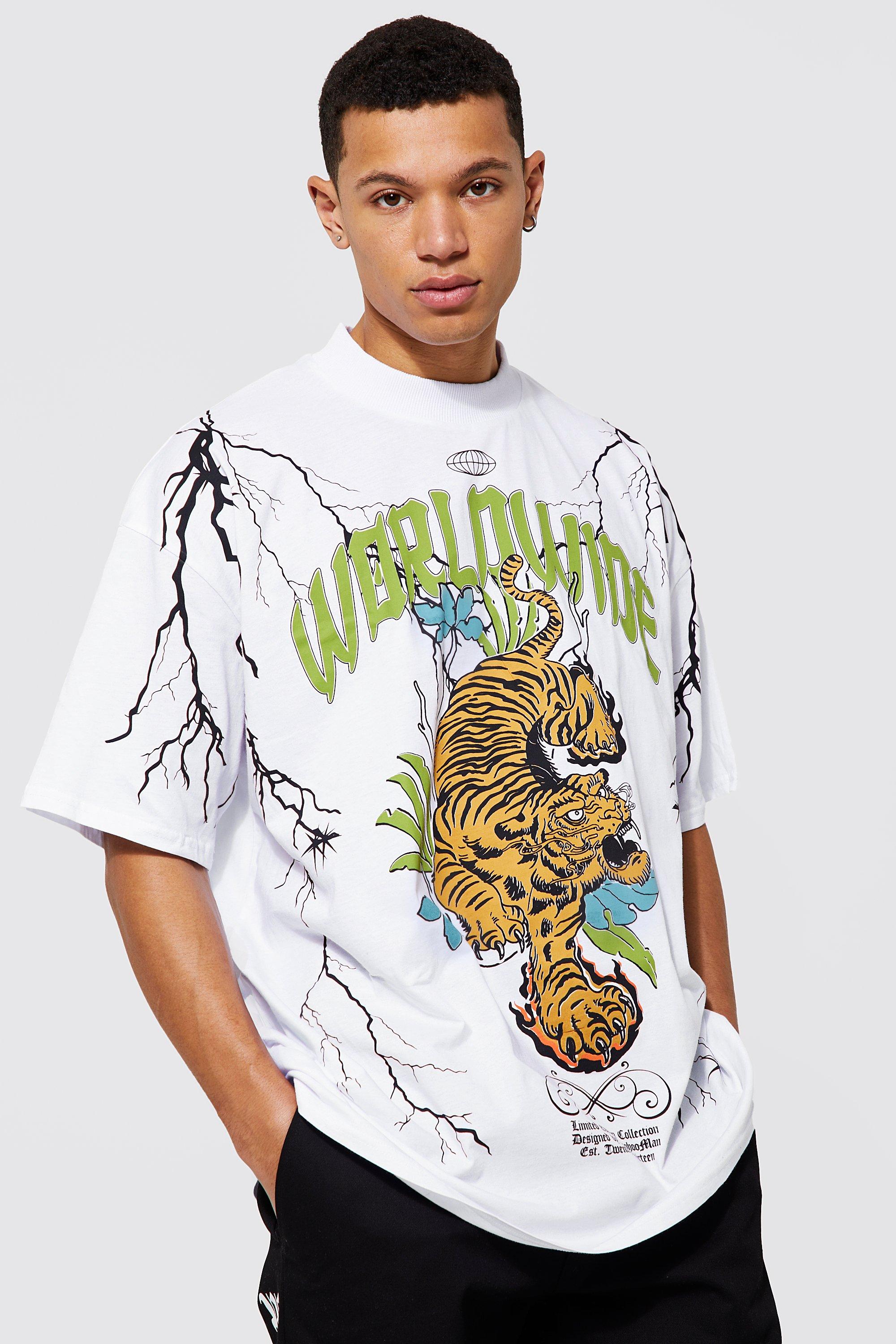 Men's Tall Oversized Dragon Lightning Print T - Boohoo UK