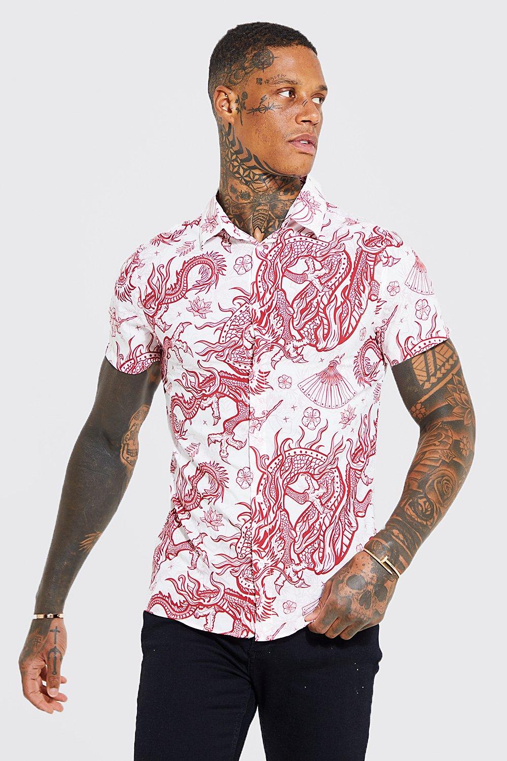 boohooMAN Men's Dragon Print Short Sleeve Shirt