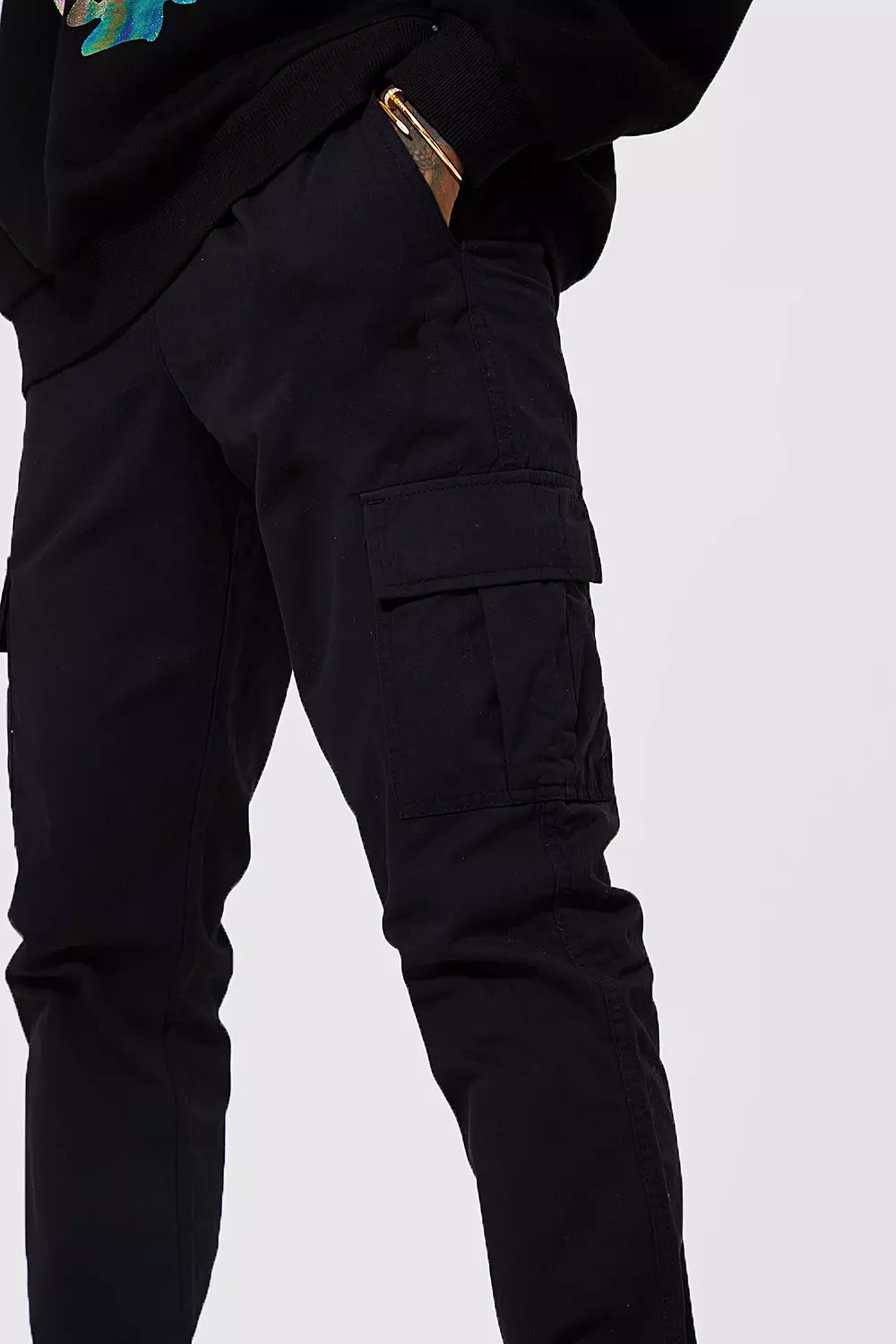 Pantaloni Cargo Slim Fit Con Vita Elasticizzata, Black immagine alternativa
