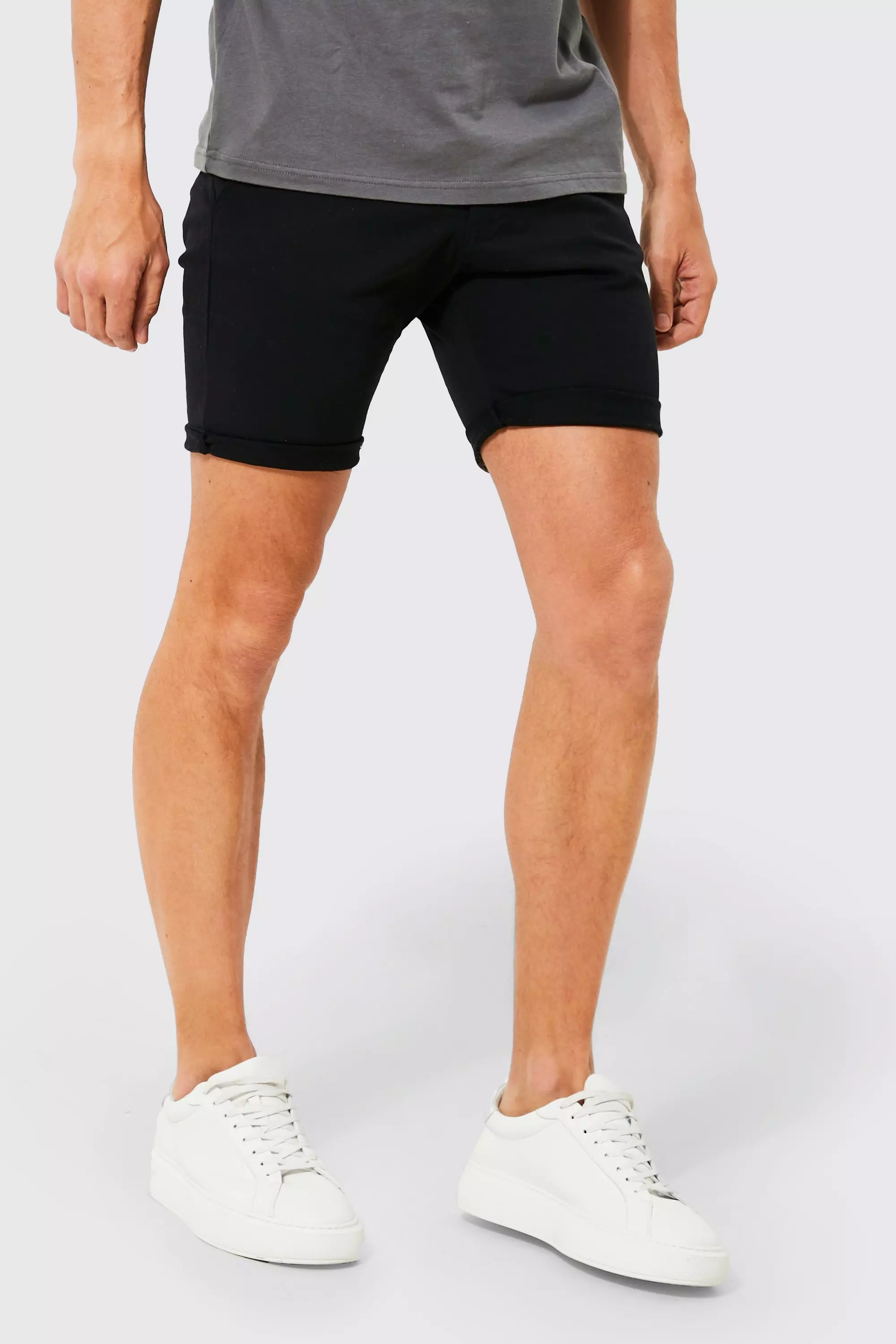 Black Fixed Waist Stretch Skinny Chino Short