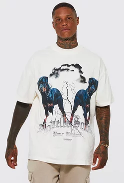 Oversized Rottweiler Graphic Print T-shirt Ecru