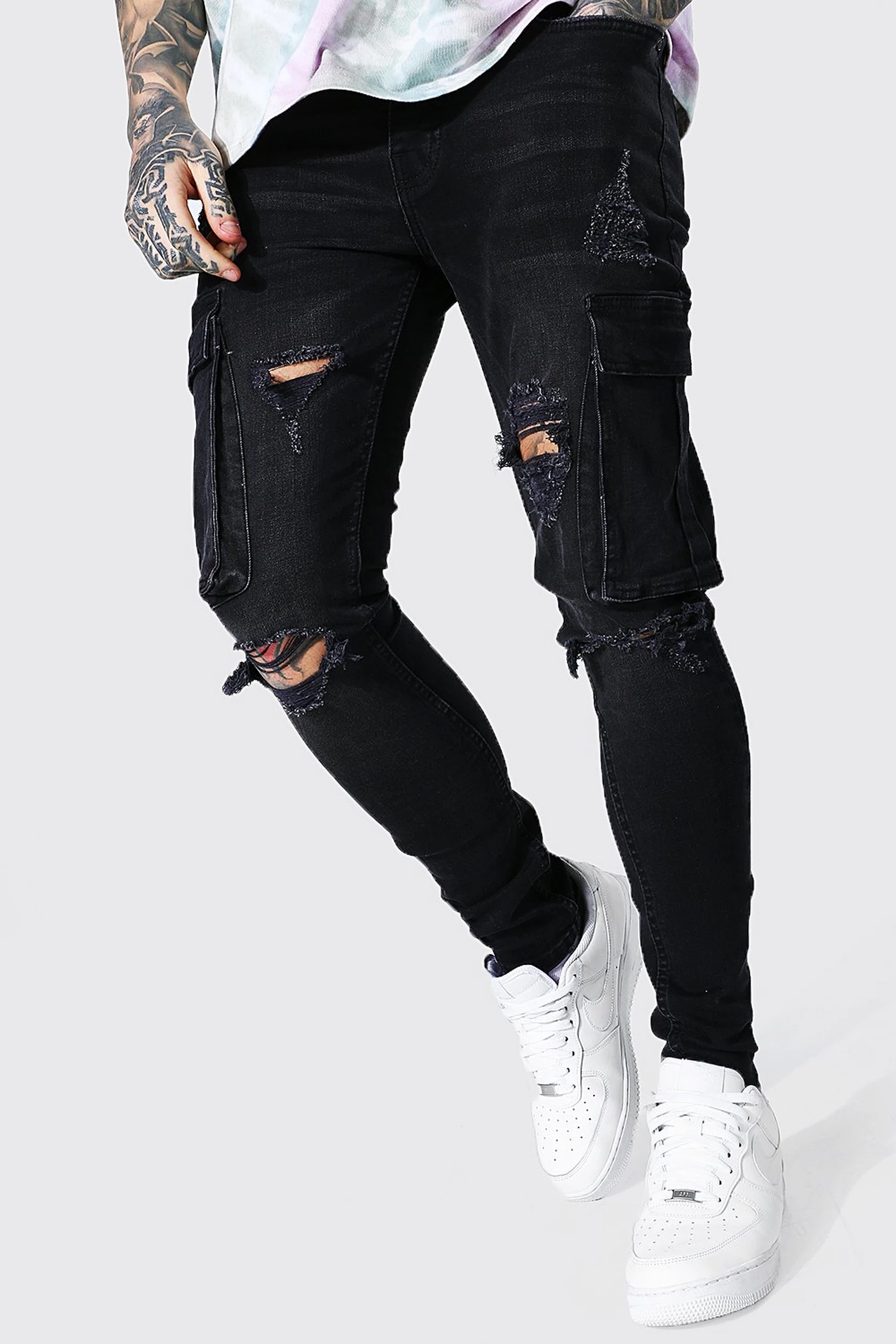 boohooman.com | Super Skinny Multi Rip Cargo Jeans