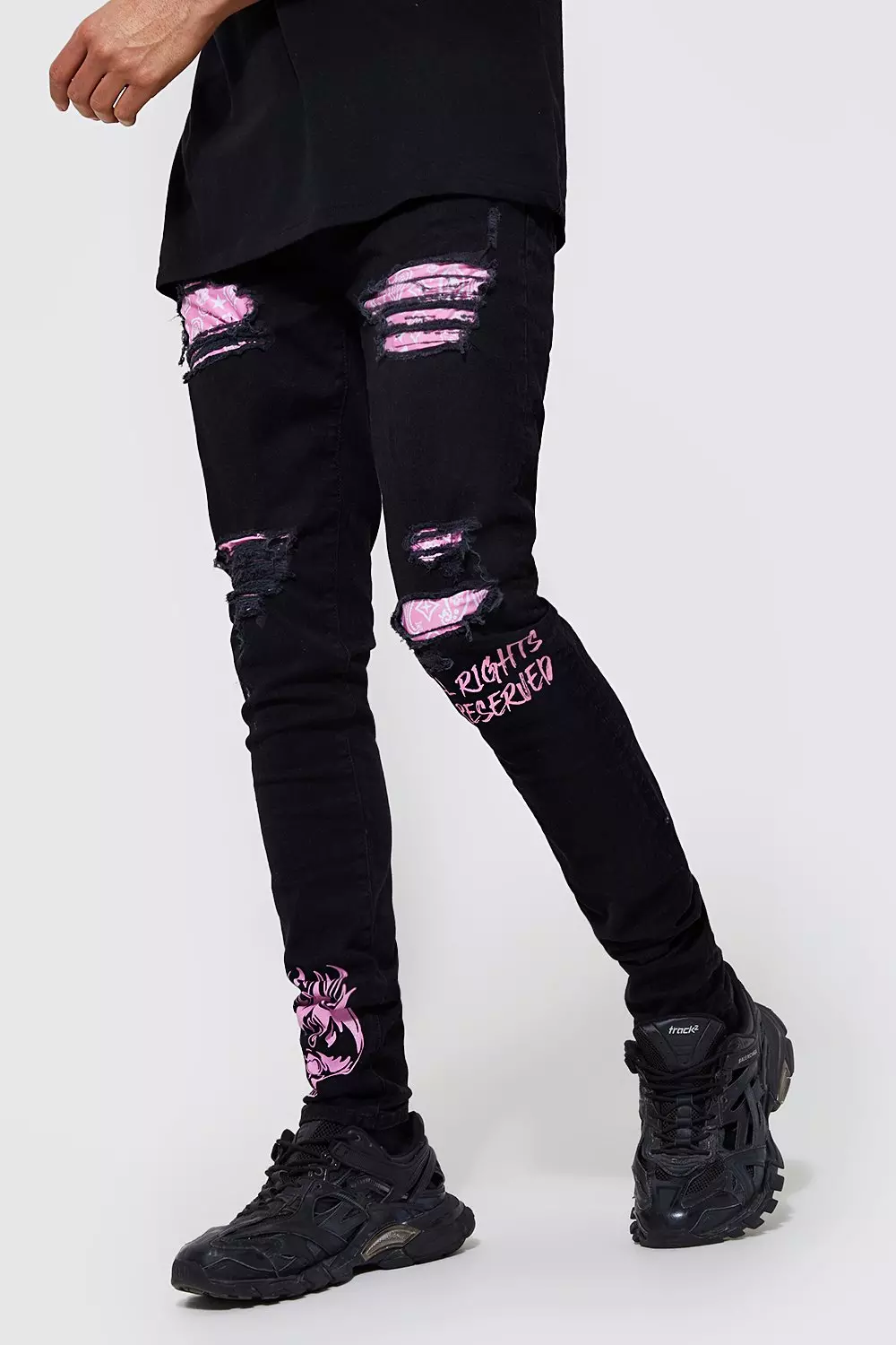 Tall Skinny Bandana Rip Graffiti Jeans Black