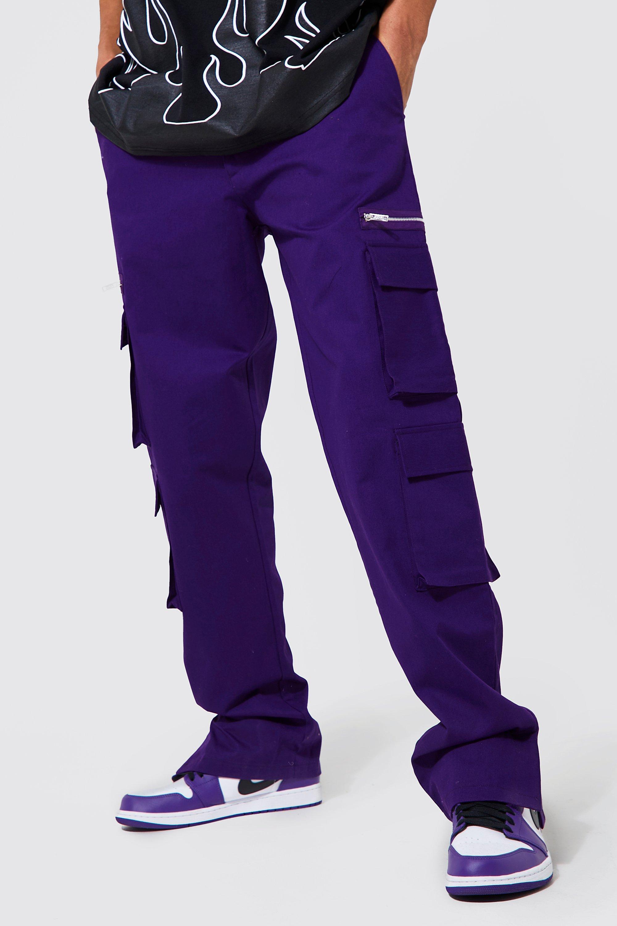 49.00]Zip Star Pockets Purple Cargo Pants Drawstring Cuffs